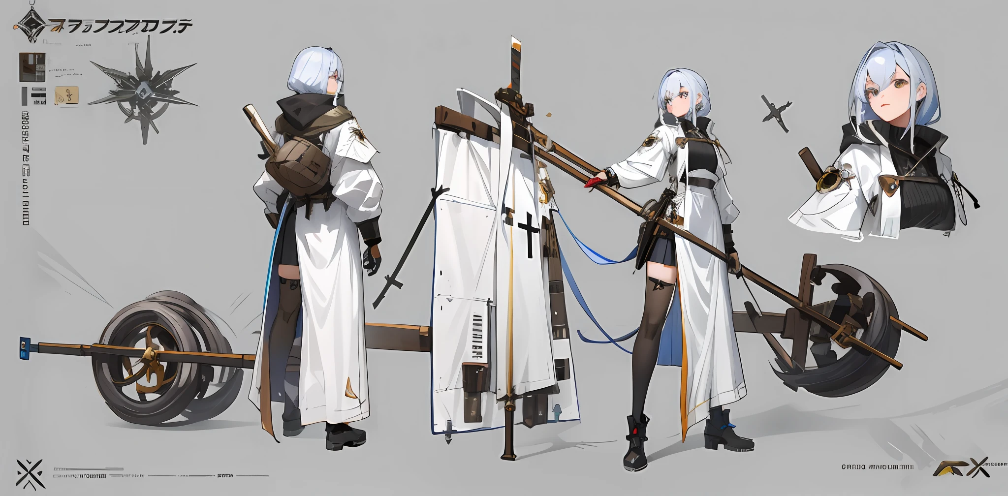 A girl holds a huge mechanical cross staff, mechanical prosthetic legs,