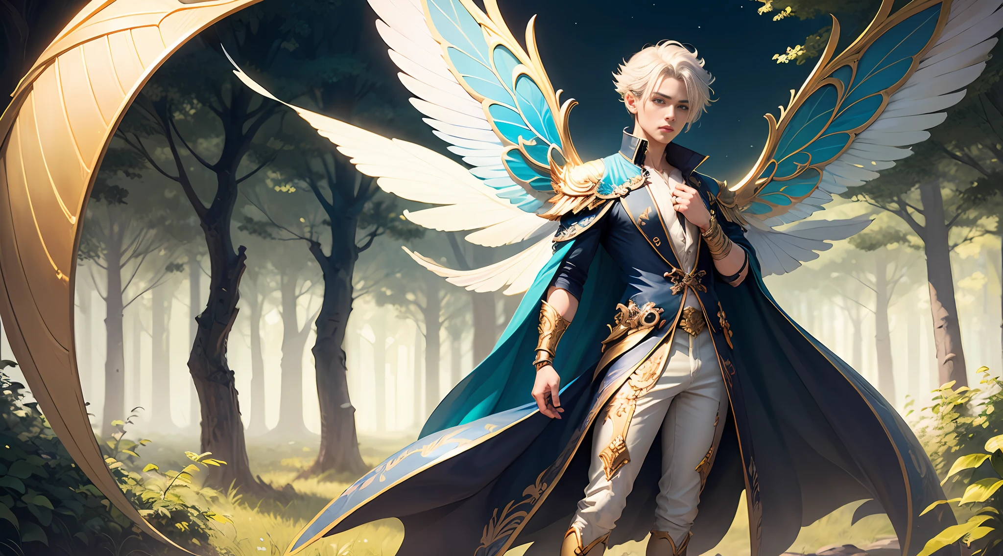 Cute male fairy with blue and gold details, large wings, full body, forest in the background, soft, delicate, symmetrical colors, male face, masterpiece, full body --auto