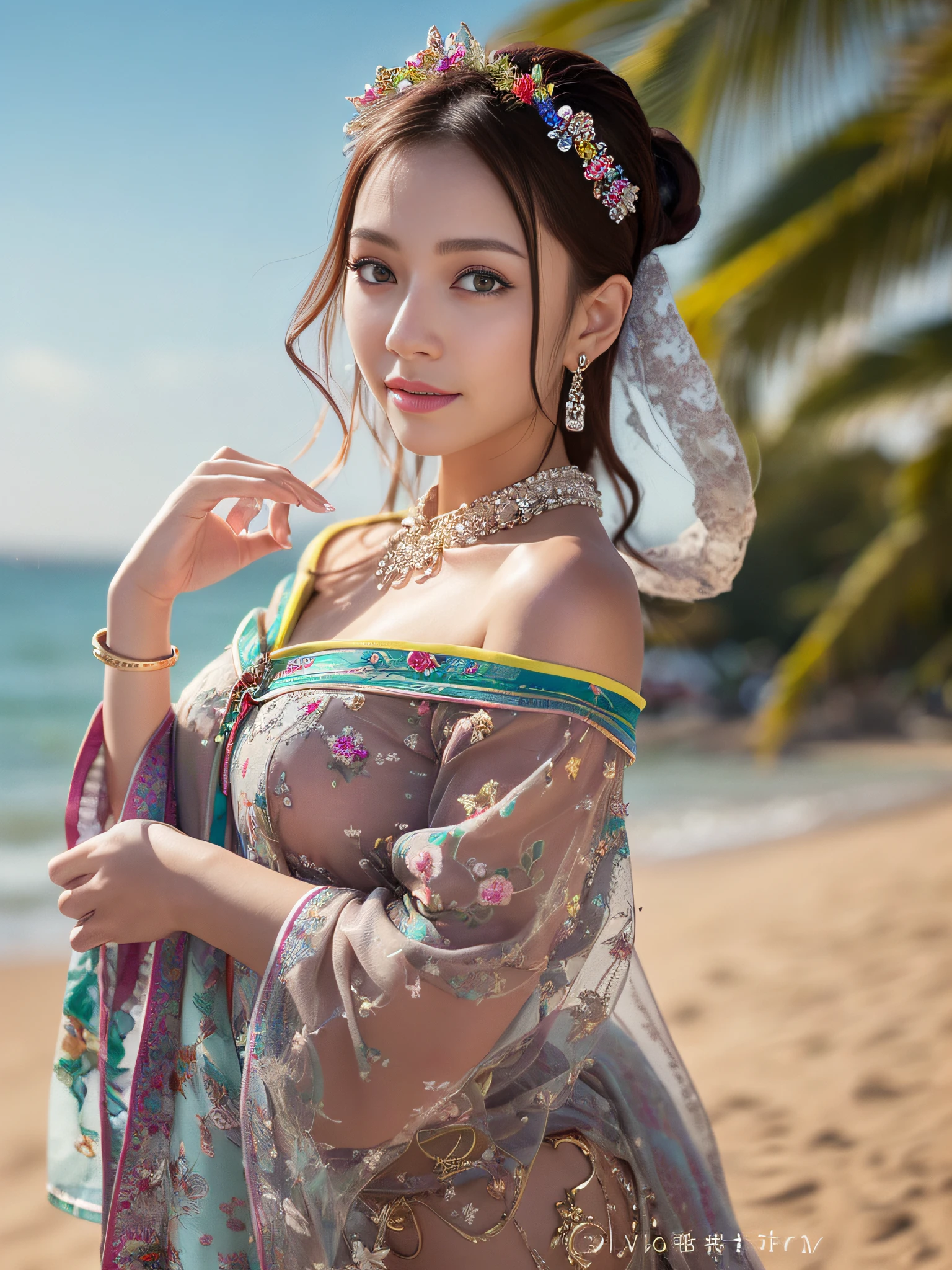(best quality:1.1) ,(photorealistic:1.1), (photography:1.1), (highly detailed:1.1), looking at viewer,armlet, Jade bracelet, eyelashes, happy, medium breasts,beautiful detailed girl, (extremely detailed eyes and face), (lighting on face),necklace,Colorful clothes, [chinese clothes],[off shoulder], (solo:1.2), sandbeach,sand,Standing by the seaside, summer, (beautiful detailed sky),seethru,