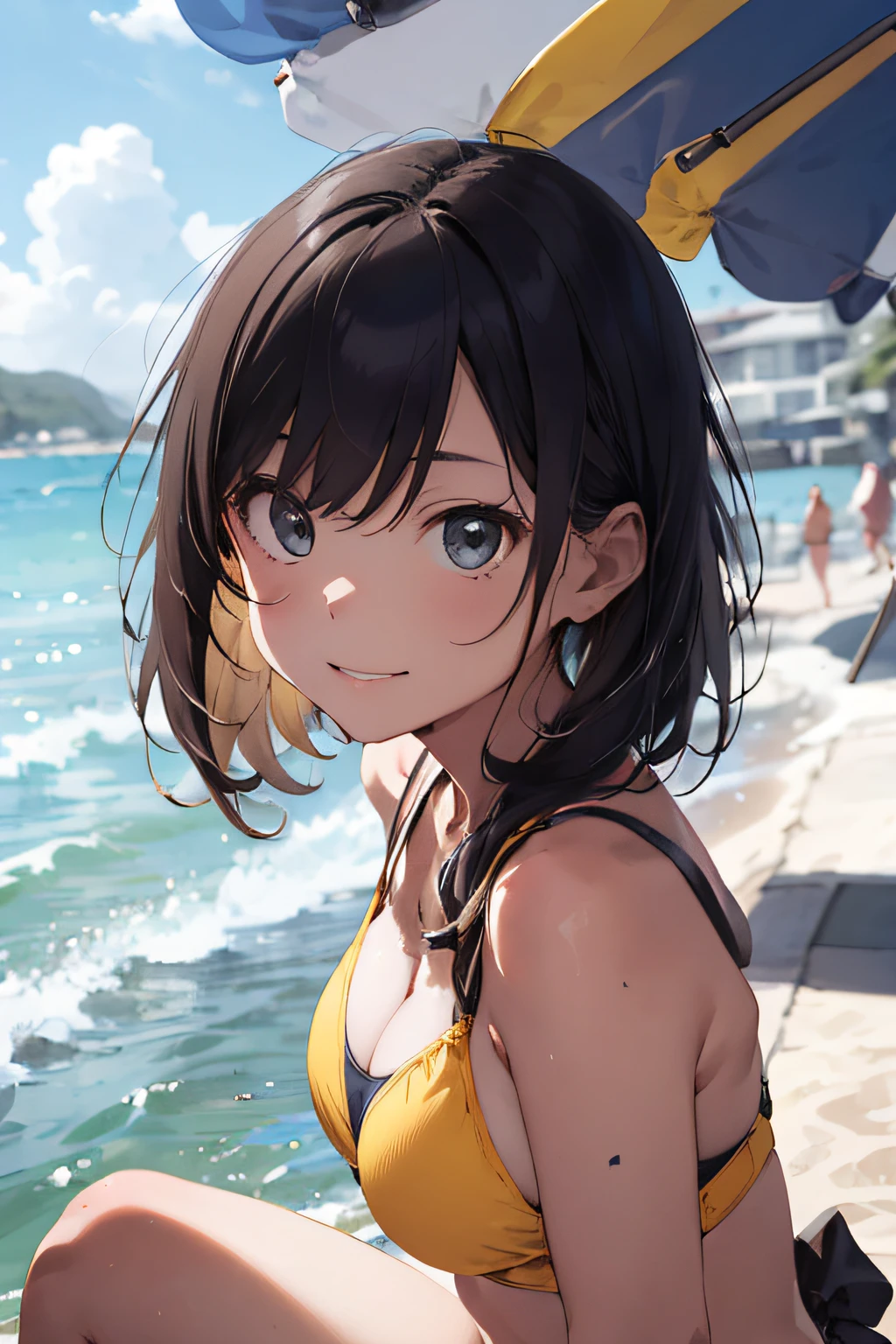 High resolution,
One beautiful young woman,
(soft saturation: 1.3), (fair skin: 1.2),
(ultra-detailed background, detailed background), bokeh,
Portrait of smiling girl breaking. When viewed from the front, the composition is symmetrical.
Look straight at you with serious eyes and break
yellow swimsuit, yellow bikini, middle breast,
outdoor, sea surface, sky, sunshine, summer beach, sand,
strong light, front light,
(ager: 1.3), (Cowboy Shot: 1.2), Break
angle from the front,
Look at the viewer,
Dynamic Pose,
Sitting on the beach
Wakame, wakame, wakame, wakame, wakame, wakame, wakame,