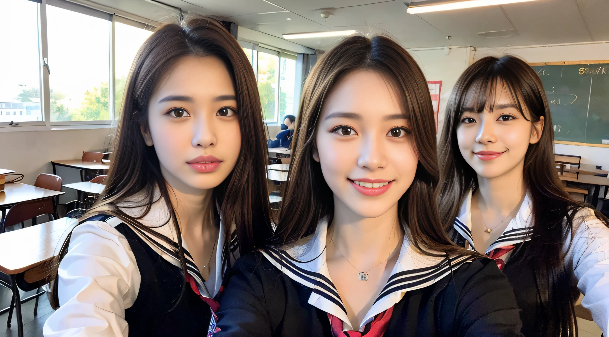 (8k, RAW photo, top quality, masterpiece: 1.2), super detailed, super resolution, (photorealistic: 1.5), amazingly beautiful lighting, very detailed and beautiful, mouth open, white skin, fair-skinned woman proofreading, (posing heart-to-camera at the camera)), very detailed beautiful girls, faces with different patterns, talking in a school classroom, brown hair shining in the light, One is ponytail, cute schoolgirl of the present day, very detailed face Very detailed eyes, very realistic skin, very detailed fingers, very detailed nose, very detailed mouth, perfect anatomy, very detailed sailor suit, very detailed background, after school, smiling school girls are gathered in the hallway of the school. They are in uniform, and the blackboard is faintly visible in the background. The light coming in through the bright windows illuminates the classroom and shows long straight hair, (dull bangs: 1.3),(pink eye shadow)((with a picture of a heart under the eyes)) heart, ♡