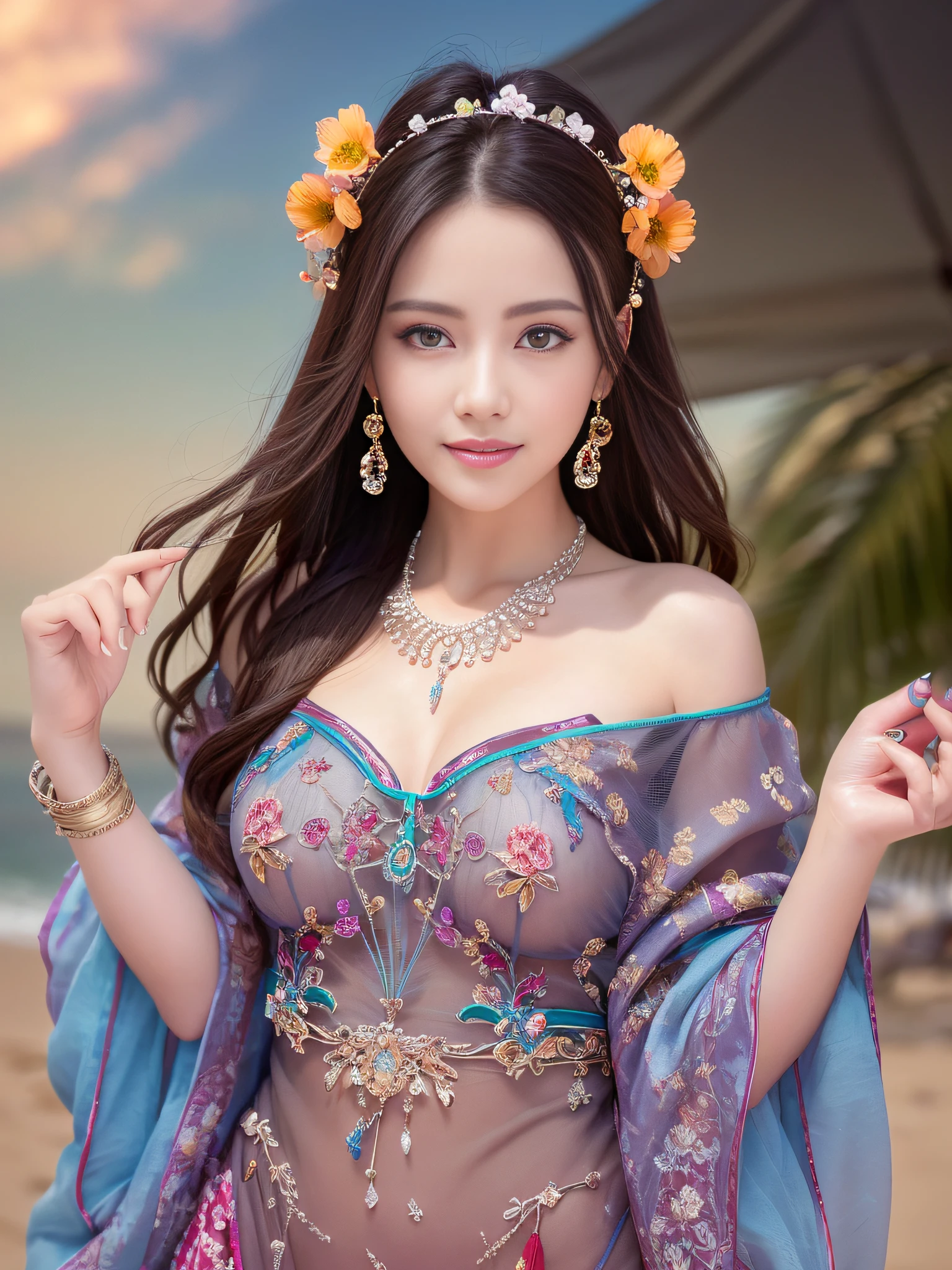 (best quality:1.1) ,(photorealistic:1.1), (photography:1.1), (highly detailed:1.1), looking at viewer,armlet, Jade bracelet, eyelashes, happy, medium breasts,beautiful detailed girl, (extremely detailed eyes and face), (lighting on face),necklace,Colorful clothes, [chinese clothes],[off shoulder], (solo:1.2), sandbeach,sand,Standing by the seaside, summer, (beautiful detailed sky),seethru,