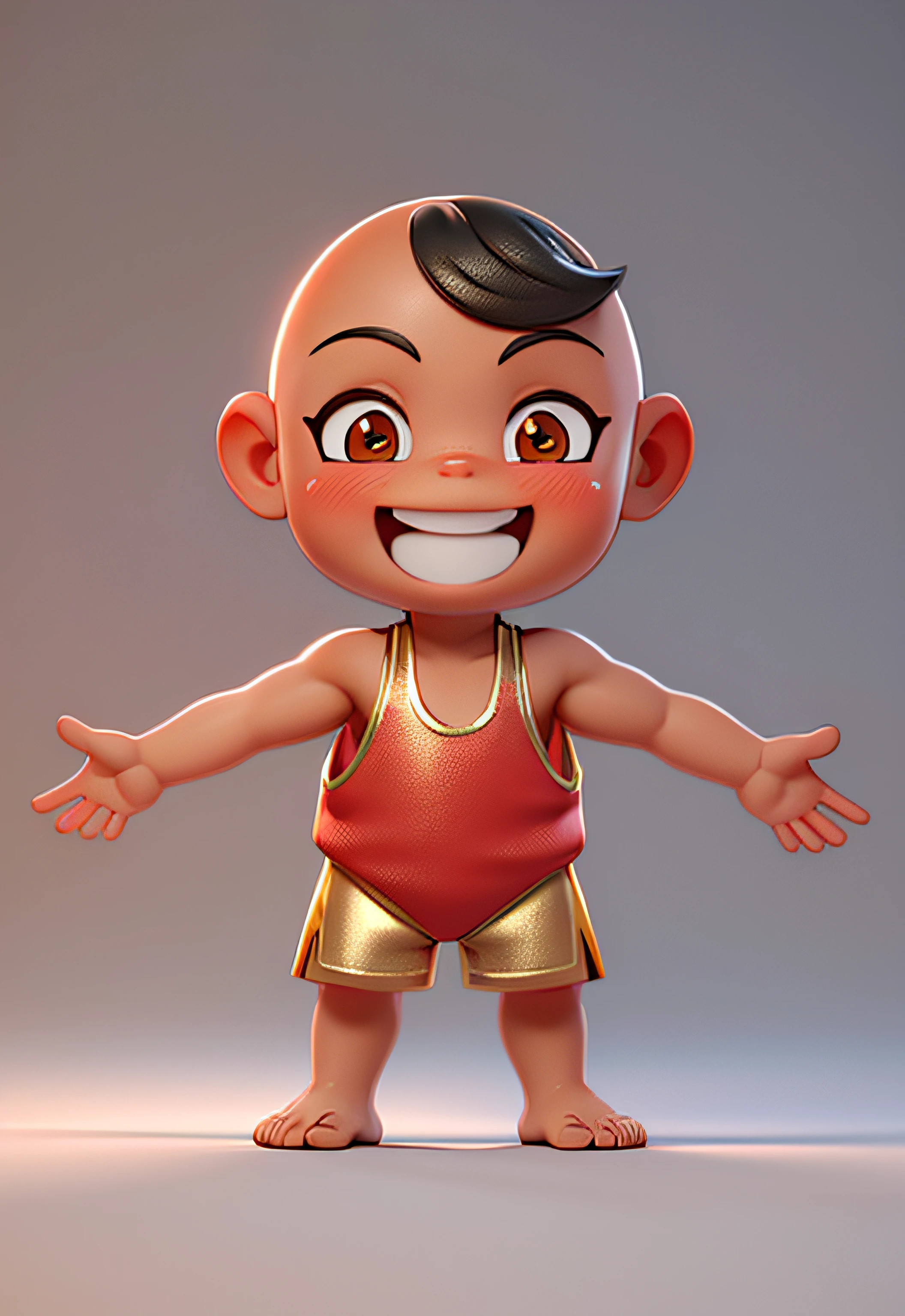 (Masterpiece: 1.3), (Best Quality: 1.3), (Masterpiece: 1.3), (Best Quality: 1.3), (8K: 1.5), (Ultra High Resolution), Full Body, (Bicephal: 2), (Natural Skin Texture), (Beautiful and Beautiful), (Very Detailed CG, Intricate Details), White Background, (White Background: 1.5), .pixar, 3D, C4D, blender, 1 Boy, cute, happy face, Bald head, Black hair, Solo, ( Chinese style: 1.5), sleeveless, red shorts with gold edges, red single vest with gold edges, barefoot,