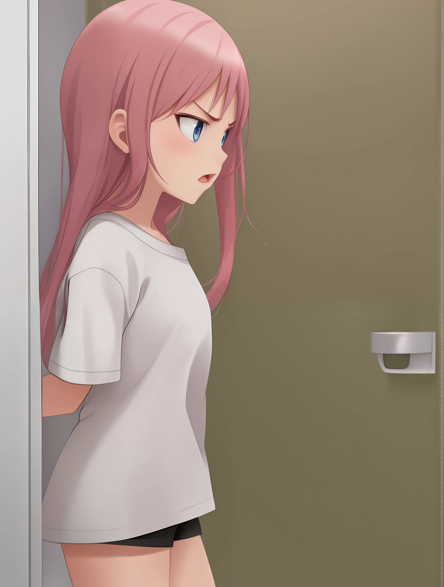 A cute little girl, facing the bathroom door, she seems to be angry, she has pink hair, blue eyes, wears a long white T-shirt and short black shorts, she is open-mouthed as if she were talking, she is seen sideways in the picture, anime moe artstyle