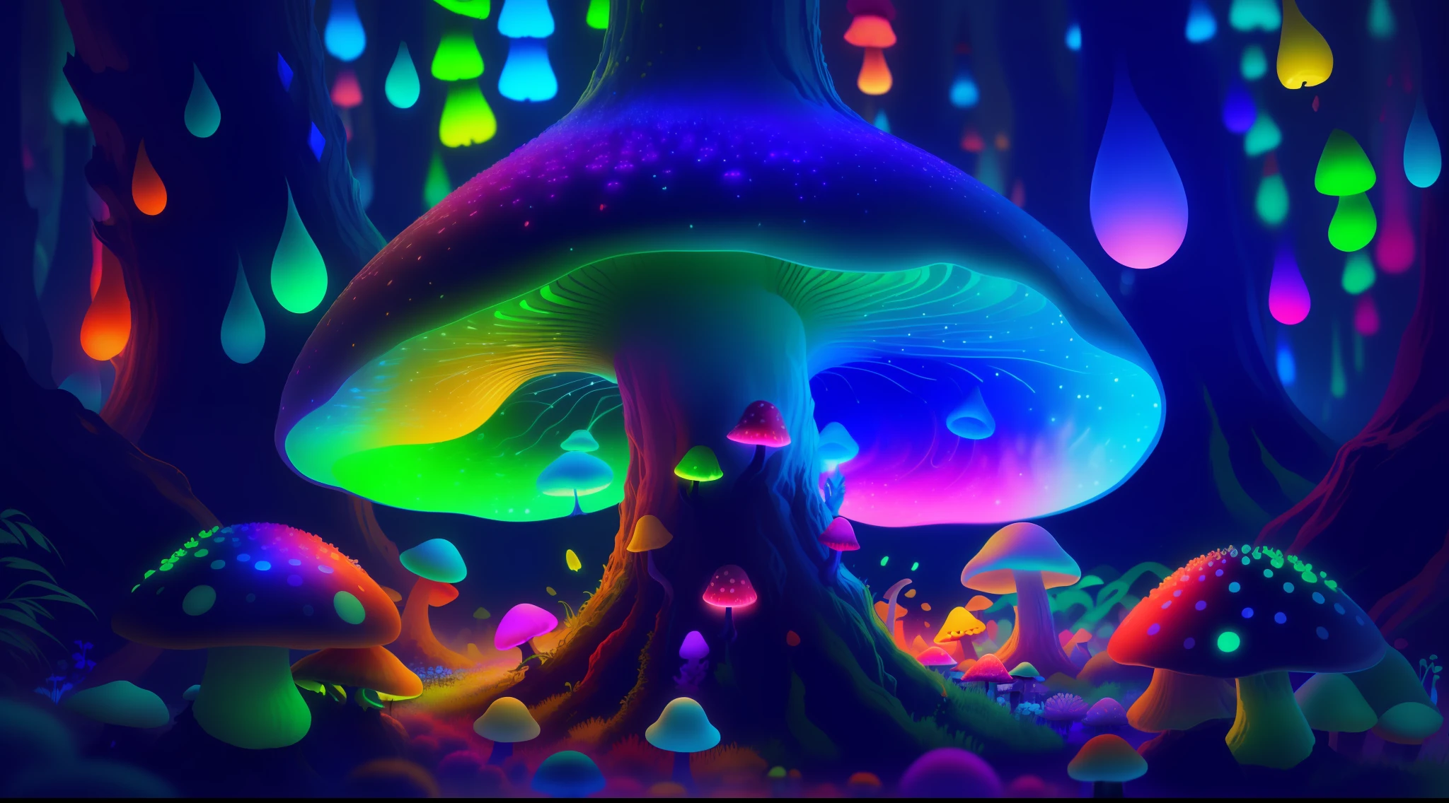 there is a mushroom that is glowing in the dark, neon mushrooms, psychedelic mushrooms dream, fluorescent mushrooms, psychedelic mushrooms, magic mushrooms, glowing mushrooms, magic mushroom, trippy mushroom, colorful mushrooms, shrooms, magic world. colorful, trippy vibrant colors, colorful hd picure, glowing fungus, psychedelics, trippy art, trippy colors, 4k highly detailed digital art