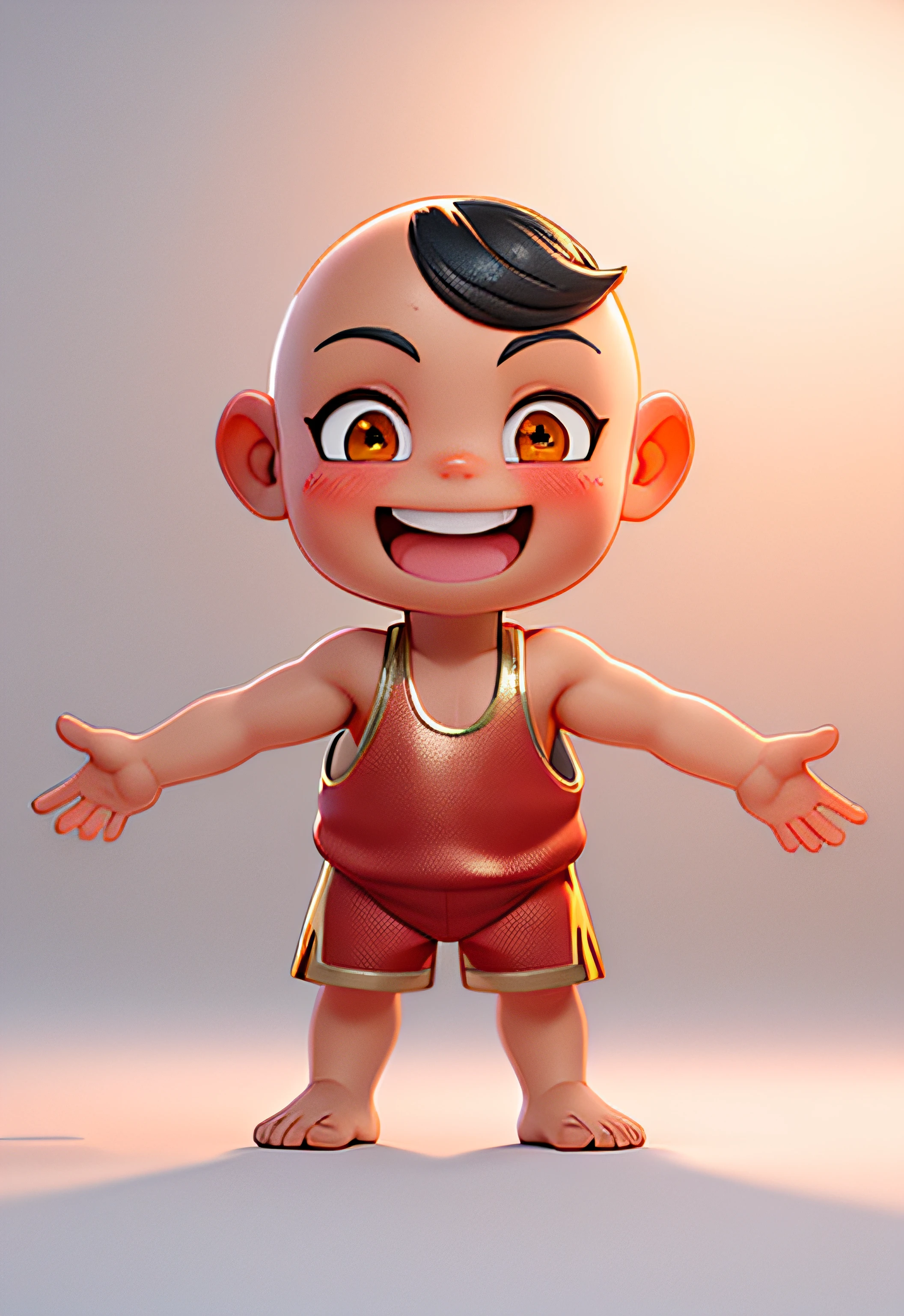 (Masterpiece: 1.3), (Best Quality: 1.3), (Masterpiece: 1.3), (Best Quality: 1.3), (8K: 1.5), (Ultra High Resolution), Full Body, (Bicephal: 2), (Natural Skin Texture), (Beautiful and Beautiful), (Very Detailed CG, Intricate Details), White Background, (White Background: 1.5), .pixar, 3D, C4D, blender, 1 Boy, cute, happy face, Bald head, Black hair, Solo, ( Chinese style: 1.5), sleeveless, red shorts with gold edges, red single vest with gold edges, barefoot,