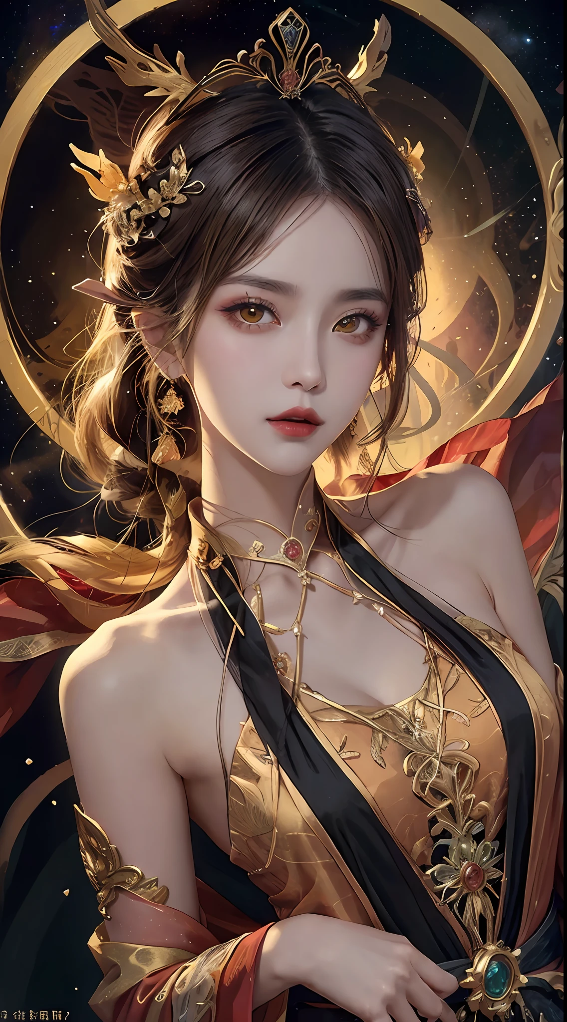 1 27-year-old girl, 1 zodiac goddess from the future, goddess of the pink and purple 12 zodiacs, the goddess of the zodiac in a yellow ao dai, a 12 zodiac ao dai with many black lace detail, mythology Goddess of the 12 zodiacs from the future, zodiac ♏, luxurious glittering zodiac style, dark and mysterious version, zodiac crown, lipstick lips red, thin and beautiful lips, Smile makes viewers fall in love, characters made by karol bak and pino daeni, intricate detail, detailed background, extremely detailed, light magic, a woman, clear face, look at the face of goddess zodialook at the zodiac goddess face, hair long with bangs, beautiful face in detail and well-proportioned eyes, (transparent yellow eyes: 1.8), big round eyes and very beautiful and detailed makeup, foresight, silk dress, mysterious makeup, double bangs and dyed light blonde, uper body, zodiac goddess uper body, arms hanging loosely, Realistic and vivid photo, (stars make up the zodiac: 1.7), (sky background zodiac and fictitious space and time portal: 1.8), fiction art, RAW photo, hanfu picture, best photo, best photo quality, 8k quality, 8k ultra, super realistic, real photo most economical, artistic portrait of goddess zodiac,