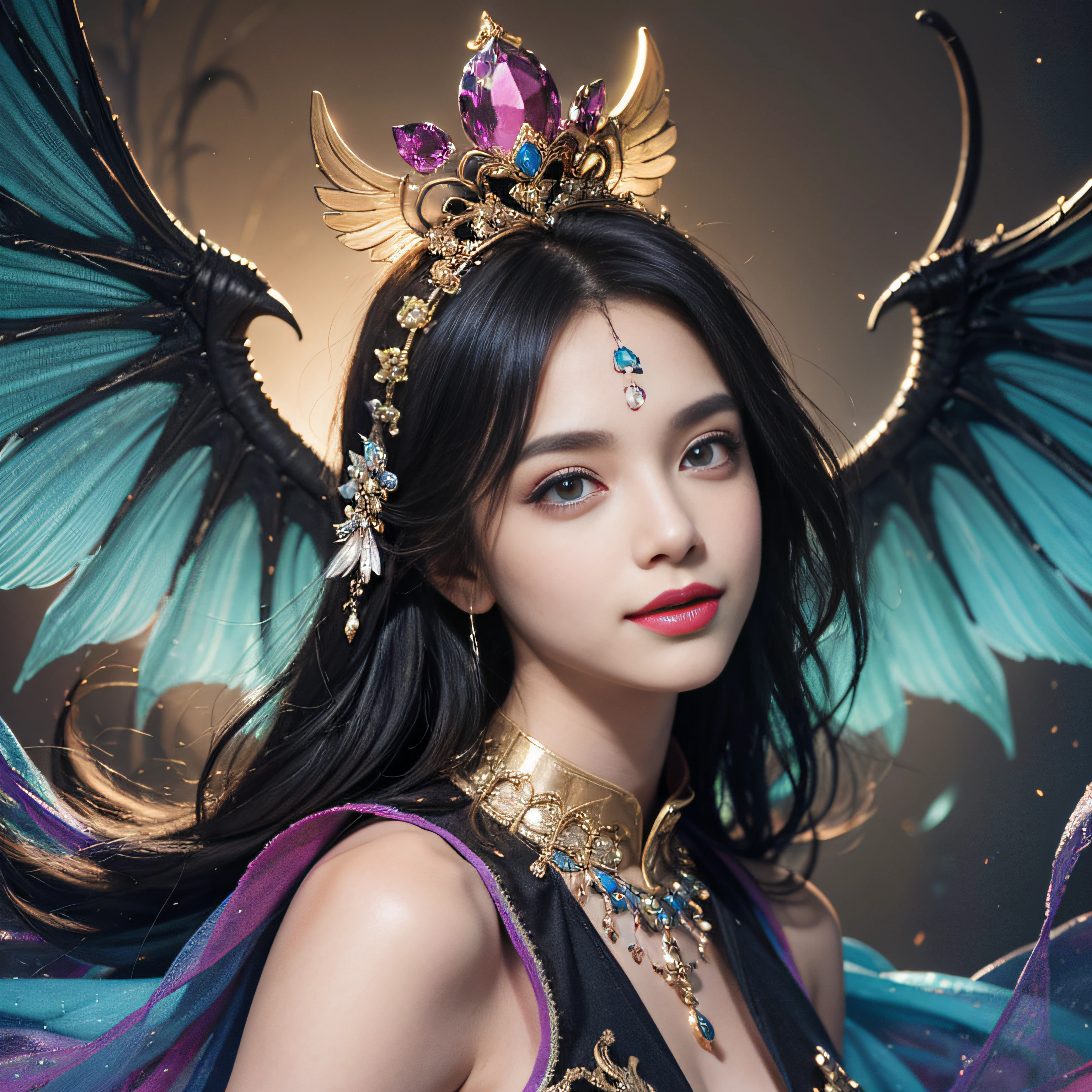 Black hair, colorful and colorful wings, colorful digital fantasy art, colorful digital art, fantasy art style, beautiful digital artwork, 4K highly detailed digital art, slightly visible breasts, big eyes, light smile, 8k, very fine face, delicate lips, lovely eyes, double eyelids, slight smile, long and slender legs, lovely woman, colorful costume colors, light blue eyes