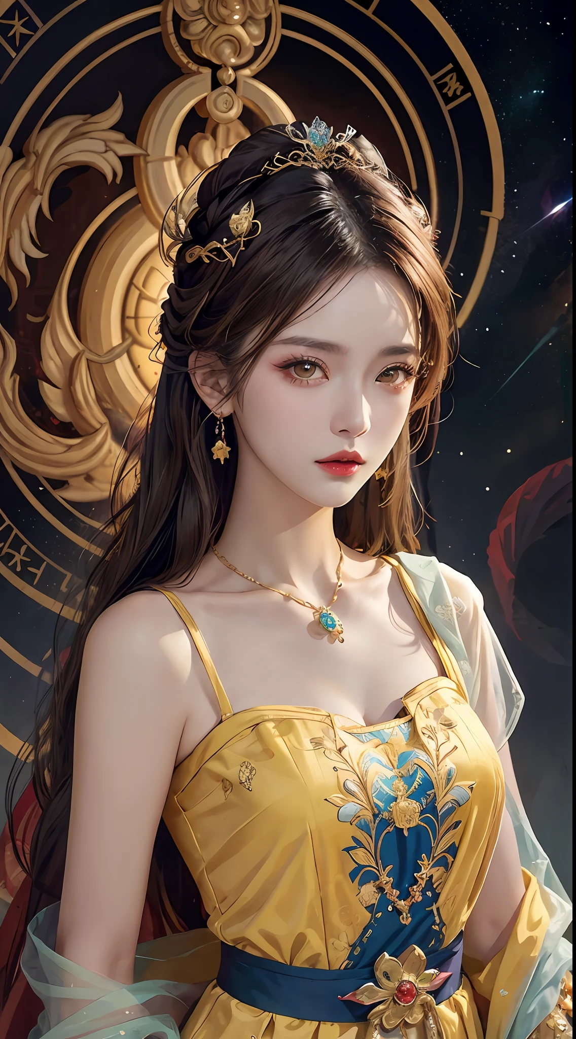 1 27-year-old girl, 1 zodiac goddess from the future, goddess of the pink and purple 12 zodiacs, the goddess of the zodiac in a yellow ao dai, a 12 zodiac ao dai with many black lace detail, mythology Goddess of the 12 zodiacs from the future, zodiac ♏, luxurious glittering zodiac style, dark and mysterious version, zodiac crown, lipstick lips red, thin and beautiful lips, Smile makes viewers fall in love, characters made by karol bak and pino daeni, intricate detail, detailed background, extremely detailed, light magic, a woman, clear face, look at the face of goddess zodialook at the zodiac goddess face, hair long with bangs, beautiful face in detail and well-proportioned eyes, (transparent yellow eyes: 1.8), big round eyes and very beautiful and detailed makeup, foresight, silk dress, mysterious makeup, double bangs and dyed light blonde, uper body, zodiac goddess uper body, arms hanging loosely, Realistic and vivid photo, (stars make up the zodiac: 1.7), (sky background zodiac and fictitious space and time portal: 1.8), fiction art, RAW photo, hanfu picture, best photo, best photo quality, 8k quality, 8k ultra, super realistic, real photo most economical, artistic portrait of goddess zodiac,