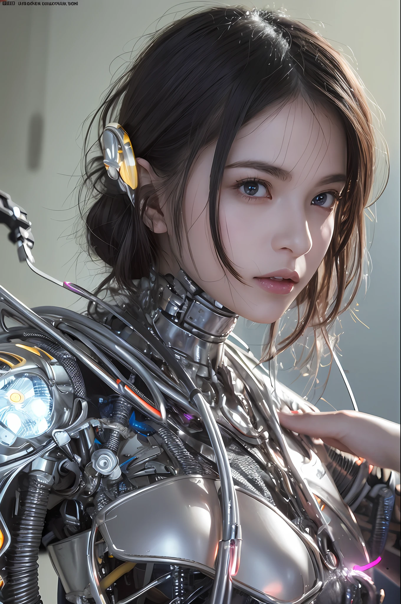Top Quality, Masterpiece, Ultra High Resolution, (Photorealistic: 1.4), Raw Photo, 1 Girl, Black Hair, Glossy Skin, 1 Mechanical Girl, (Ultra Realistic Details)), Portrait, Global Illumination, Shadows, Octane Rendering, 8K, Ultra Sharp, Big, Cleavage Exposed Raw Skin, Metal, Intricate Ornament Details, Egyptian Details, Very intricate details, realistic light, CGSoation trend, purple eyes, glowing eyes, facing the camera, neon details, mechanical limbs, blood vessels connected to the tube, mechanical vertebrae attached to the back, mechanical cervical attachment to the neck, sitting, wires and cables connecting to the head, gundam, small LED lamps,