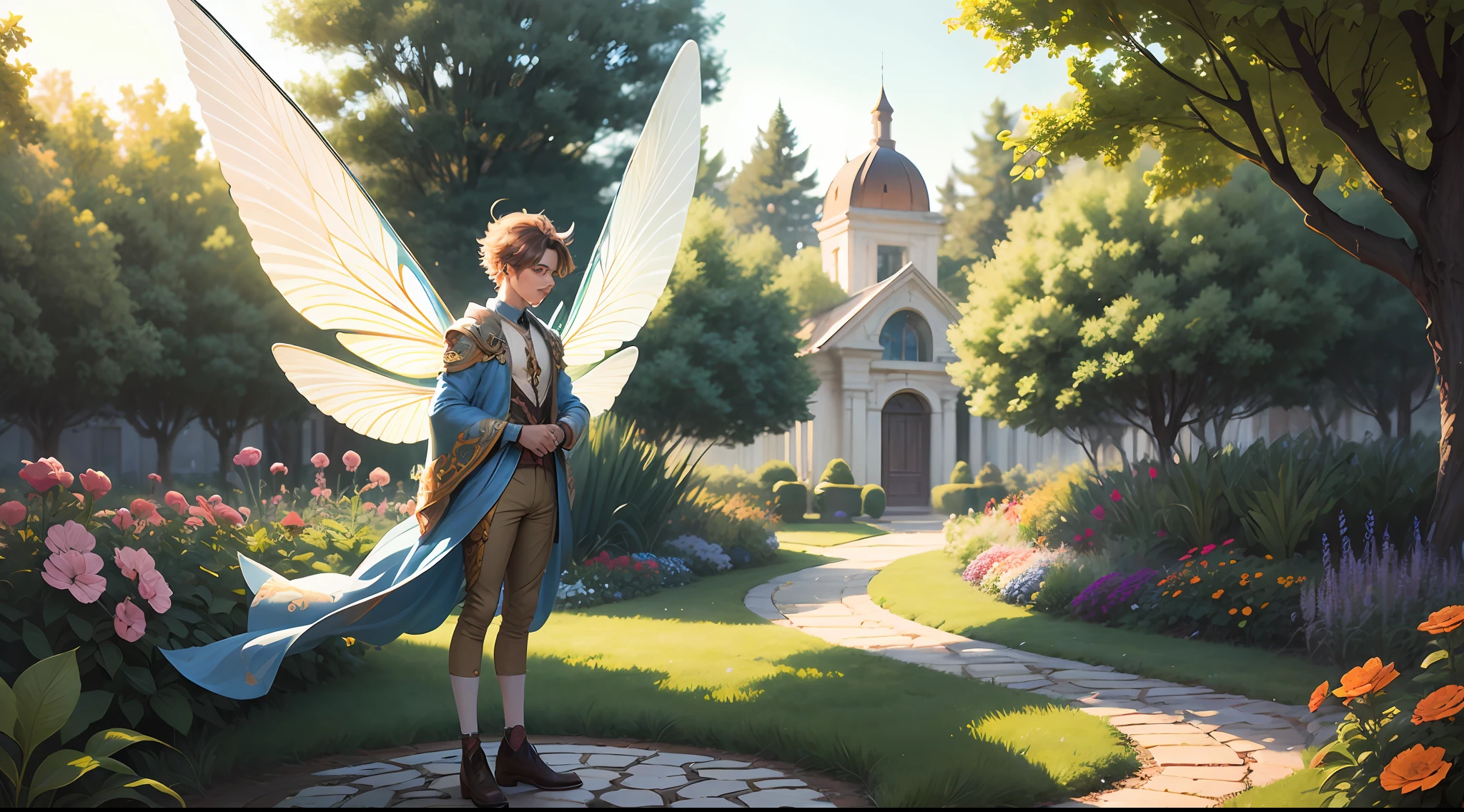 Cute male fairy with blue and orange details, large wings, full body, garden in the background, soft, delicate, symmetrical colors, male face, masterpiece, full body --auto