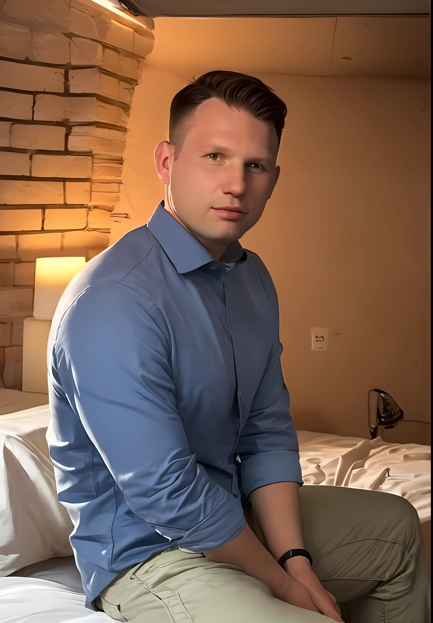 slawomir mentzen 1boy man, best quality, masterpiece, photorealistic photorealistic, interior, shirt, cinematic lighting, sitting on bed