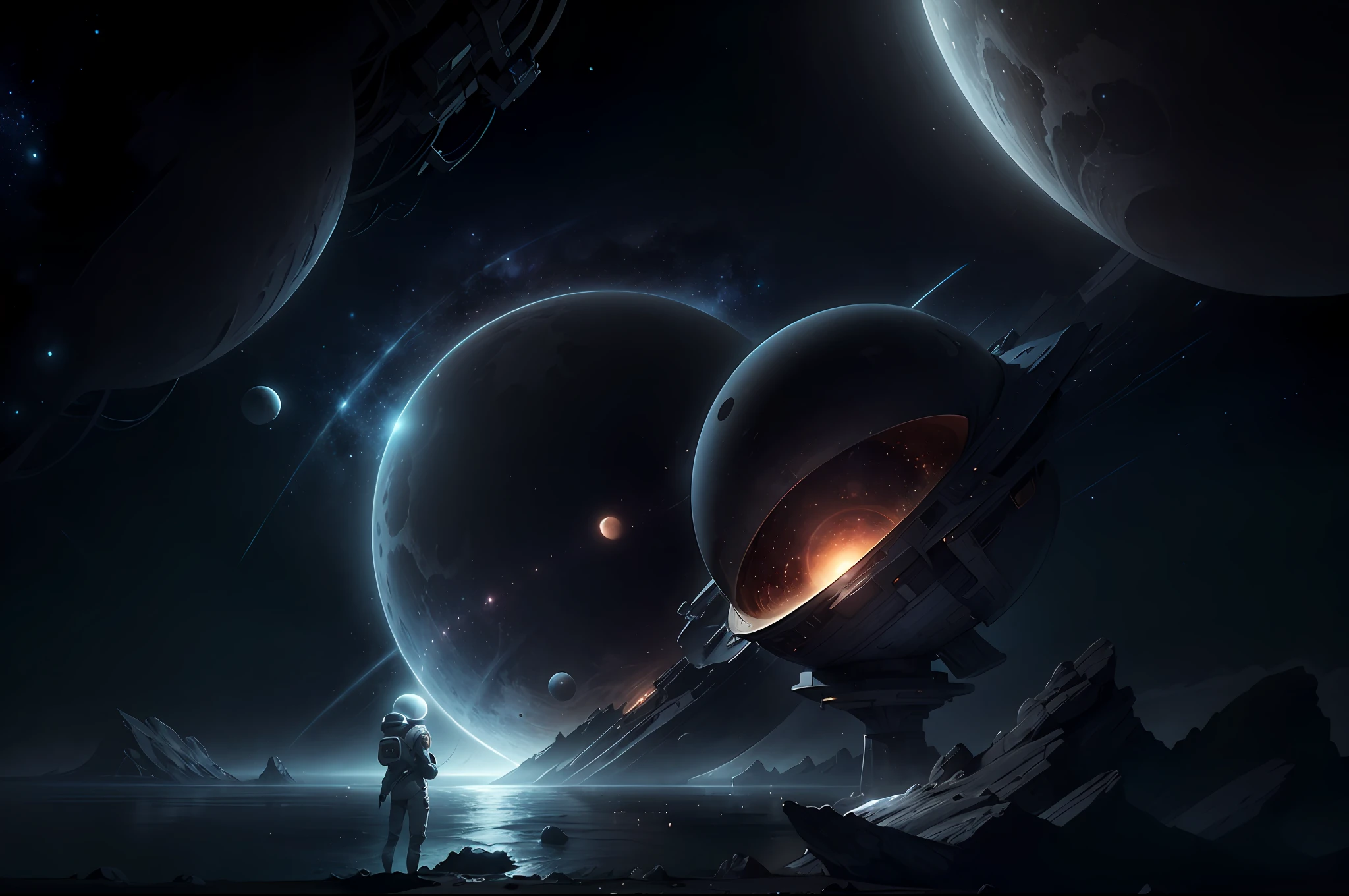 male explorer wearing space suit on a alien planet near sea with multiple moons --auto