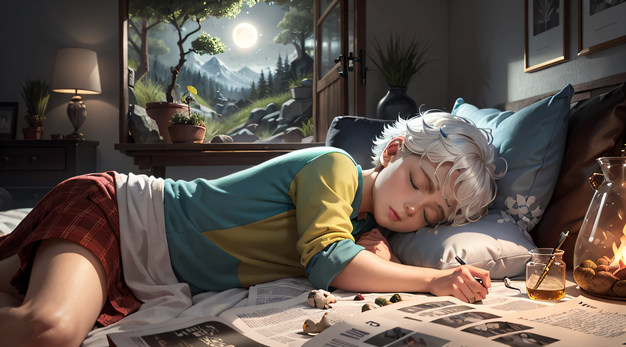 (Masterpiece, 4k resolution, ultra-realistic, very detailed), (White superhero theme, charismatic, a boy sleeping in his bed in his room, his room is a small forest, she is adventurous), [ ((10 years), (short white hair:1.2), full body, (blue eyes:1.2), ((sleeping pose), demonstration of tranquility, ), ((mountainous environment):0.8)| (forest landscape, daytime, dynamic lights), (full moon))] # Explanation: The Prompt mainly describes a 4K painting of ultra-high definition, very realistic, very detailed. It shows a boy sleeping in bed, wearing pajamas. (Masterpiece, best quality: 1.2), (Super detail), (Illustration), Wallpaper, original, Round Bottom Flask, Grass, Vine, Water, Flying Butterflies, Nature, Bright, Surrounded by Light, Terrarium, RPG Style, Cartoon, Fantasy, Mobile game, (Bright)