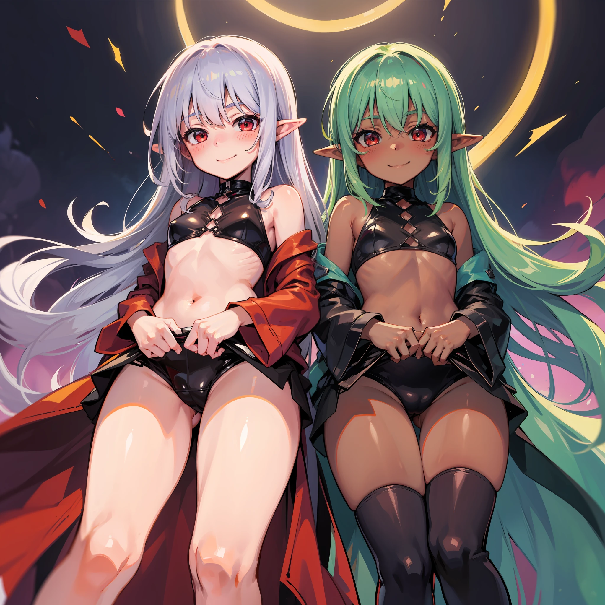 black skin, twin elves, silver-haired, horseman, red eyes, , blush, mischievous smile, from below, ((yuri)), staring at each other