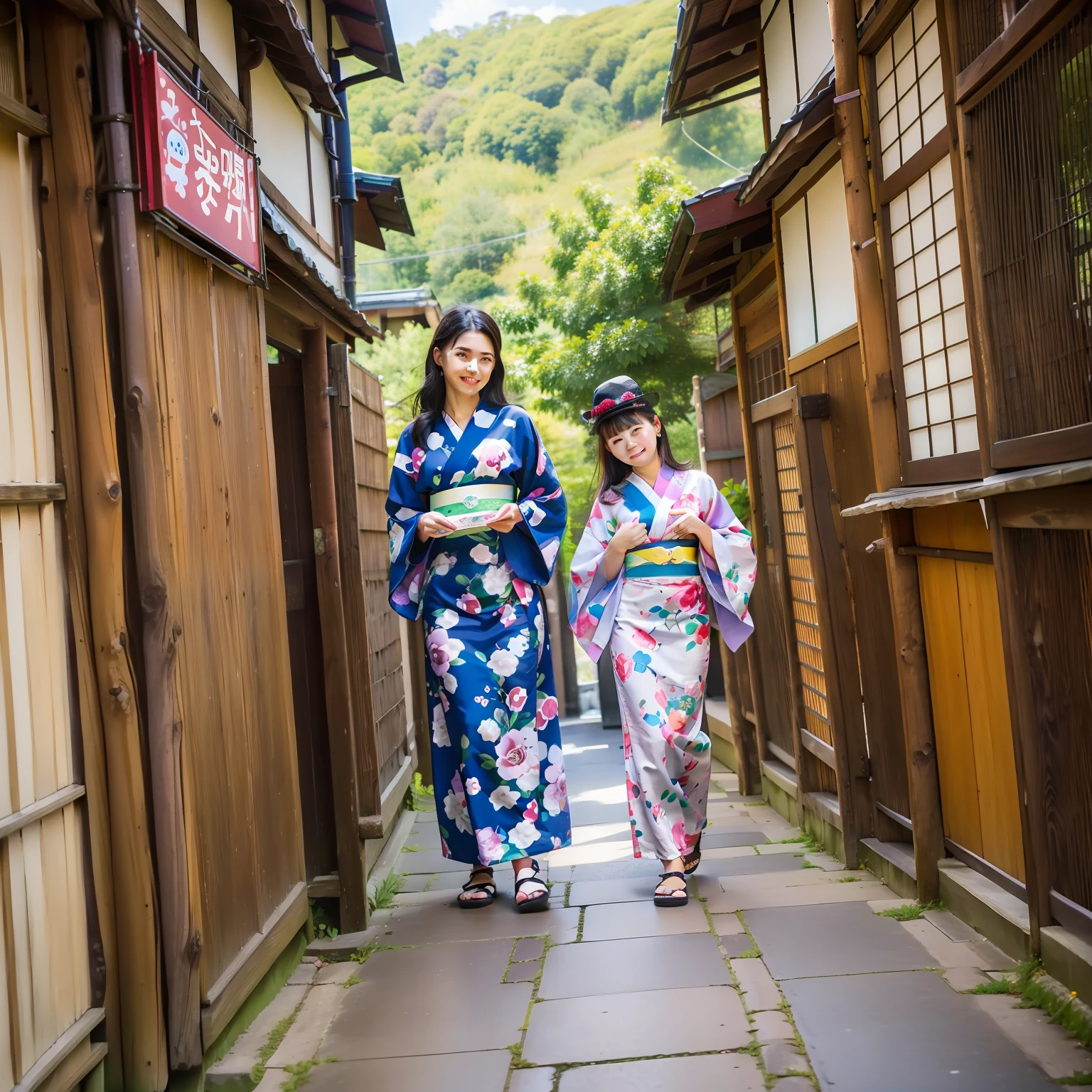 Japan young girl (N) in a blue kimono and a young Russian girl (M) in a purple kimono with lots of Sanrio characters printed on them are taking selfies in a rural village in Nara Prefecture, Japan. Japan girl (n) puts her hands on the waist of a Russian girl (m). Behind them are high mountains and blue skies, and in the distance you can see mountains and lush green fields. Japan girl (n) wears a blue kimono and a Russian girl (m) wears a purple kimono. Also, the Russian girl (m) wears round glasses, has brown hair and a rather face-length face, and above the eyes there are eyebrows.