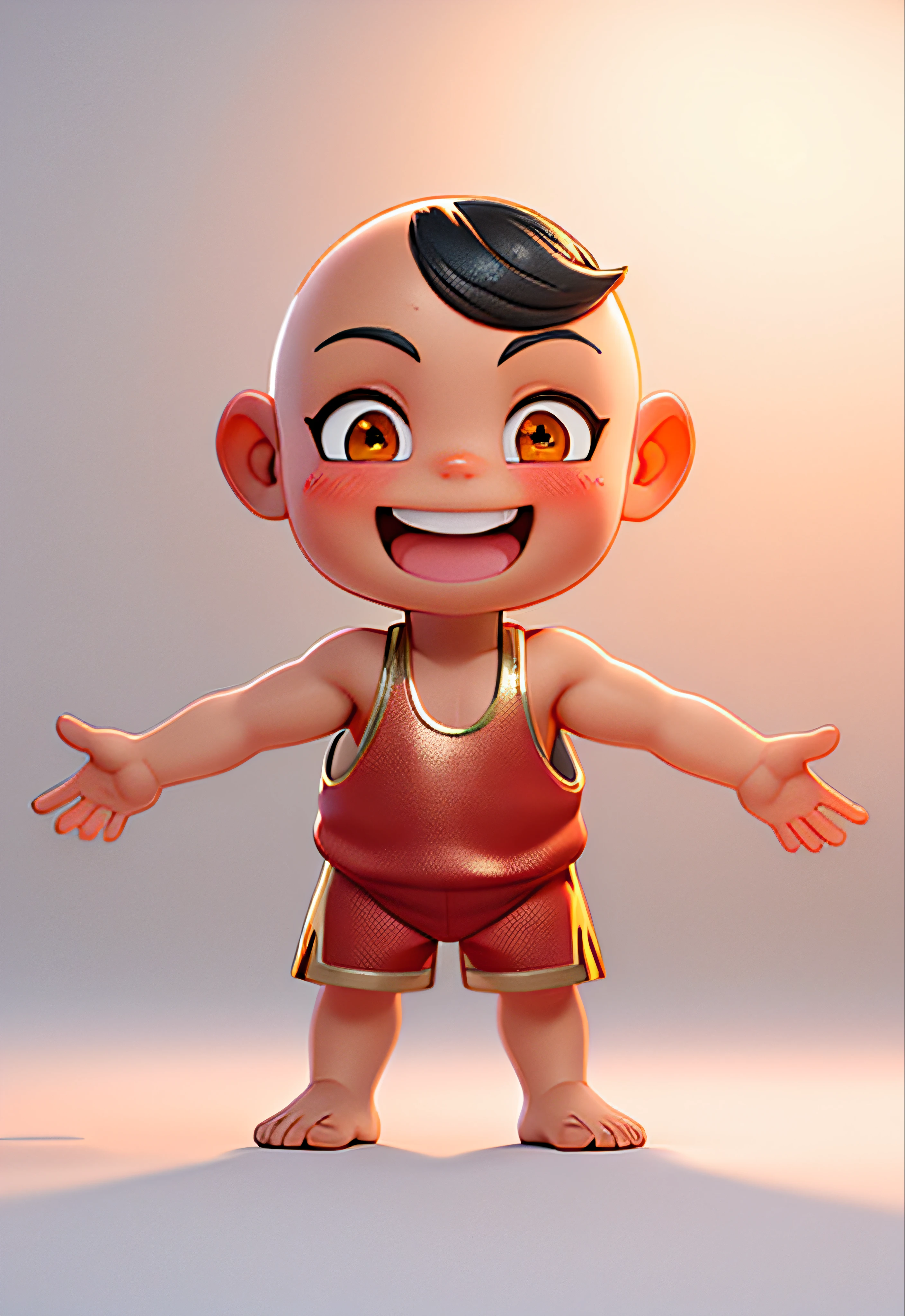 (Masterpiece: 1.3), (Best Quality: 1.3), (Masterpiece: 1.3), (Best Quality: 1.3), (8K: 1.5), (Ultra High Resolution), Full Body, (Bicephal: 2), (Natural Skin Texture), (Beautiful and Beautiful), (Very Detailed CG, Intricate Details), White Background, (White Background: 1.5), .pixar, 3D, C4D, blender, 1 Boy, cute, happy face, Bald head, Black hair, Solo, ( Chinese style: 1.5), sleeveless, red shorts with gold edges, red single vest with gold edges, barefoot,