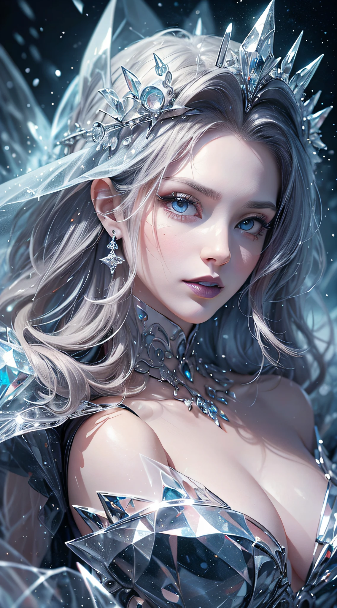 illustration, woman, blue lipstick on lips, cinematic lighti, highest quality, ultra detailed realism, detailed face, detailed eyes, best quality, hyper detailed, Works Prima, Masterpiece, Top Quality, Best, Official Art, Beautiful and Aesthetic, Long Exposure: 1 leggy and thin woman, broad and delicate shoulders, medium breasts, Charming Patterns, Icy witch woman, White , eyes covered by a veil made of ice, Her body is covered with pieces of ice detailed in a beautiful black dress, witch, winter, ice throne, witchcraft, Tone of Magic in Blue, strong glow in neon blue, queen, majesty, in the background a blizzard covering the environment. Front portrait, full body.