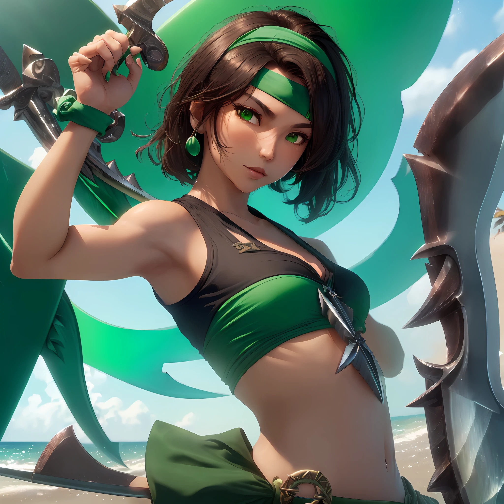 a ((  tanned brown skin )) pirate woman wearing (( green headband )) , (( green cropped sleeveless top )) , green belted shorts )) , ((( short black hair )) , ((( green jade harpoon on her hand ))), (( shoeing  off a big fish she caught )) , realistic, unreal engine ,   (( summer, sunny day at the beach  )) , 🌞 --auto --s2