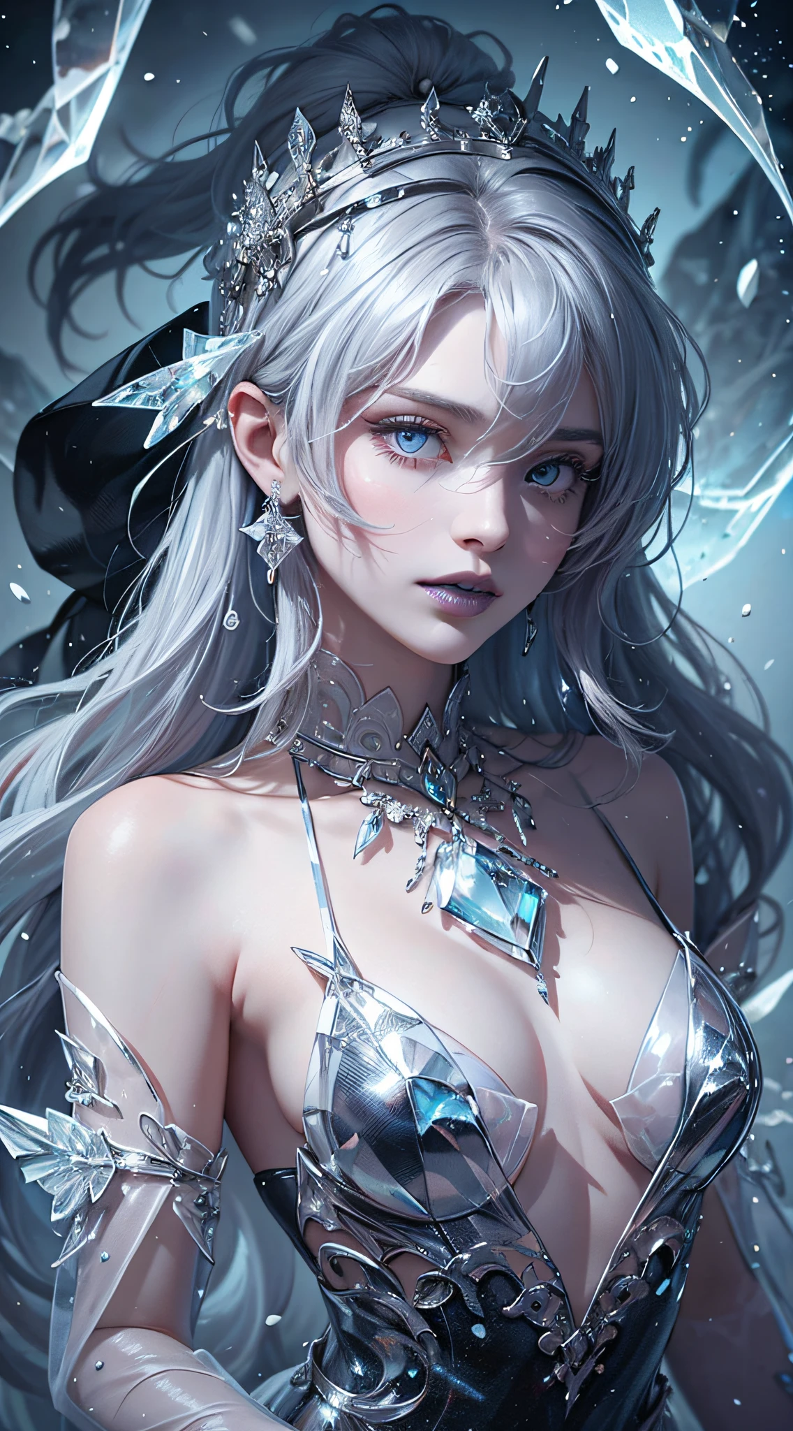 illustration, woman, blue lipstick on lips, cinematic lighti, highest quality, ultra detailed realism, detailed face, detailed eyes, best quality, hyper detailed, Works Prima, Masterpiece, Top Quality, Best, Official Art, Beautiful and Aesthetic, Long Exposure: 1 leggy and thin woman, broad and delicate shoulders, medium breasts, Charming Patterns, Icy witch woman, White , eyes covered by a veil made of ice,  Her body is covered with pieces of ice detailed in a beautiful black dress, witch, winter, ice throne, witchcraft, Tone of Magic in Blue, strong glow in neon blue, queen, majesty, in the background a blizzard covering the environment. Front portrait, full body.