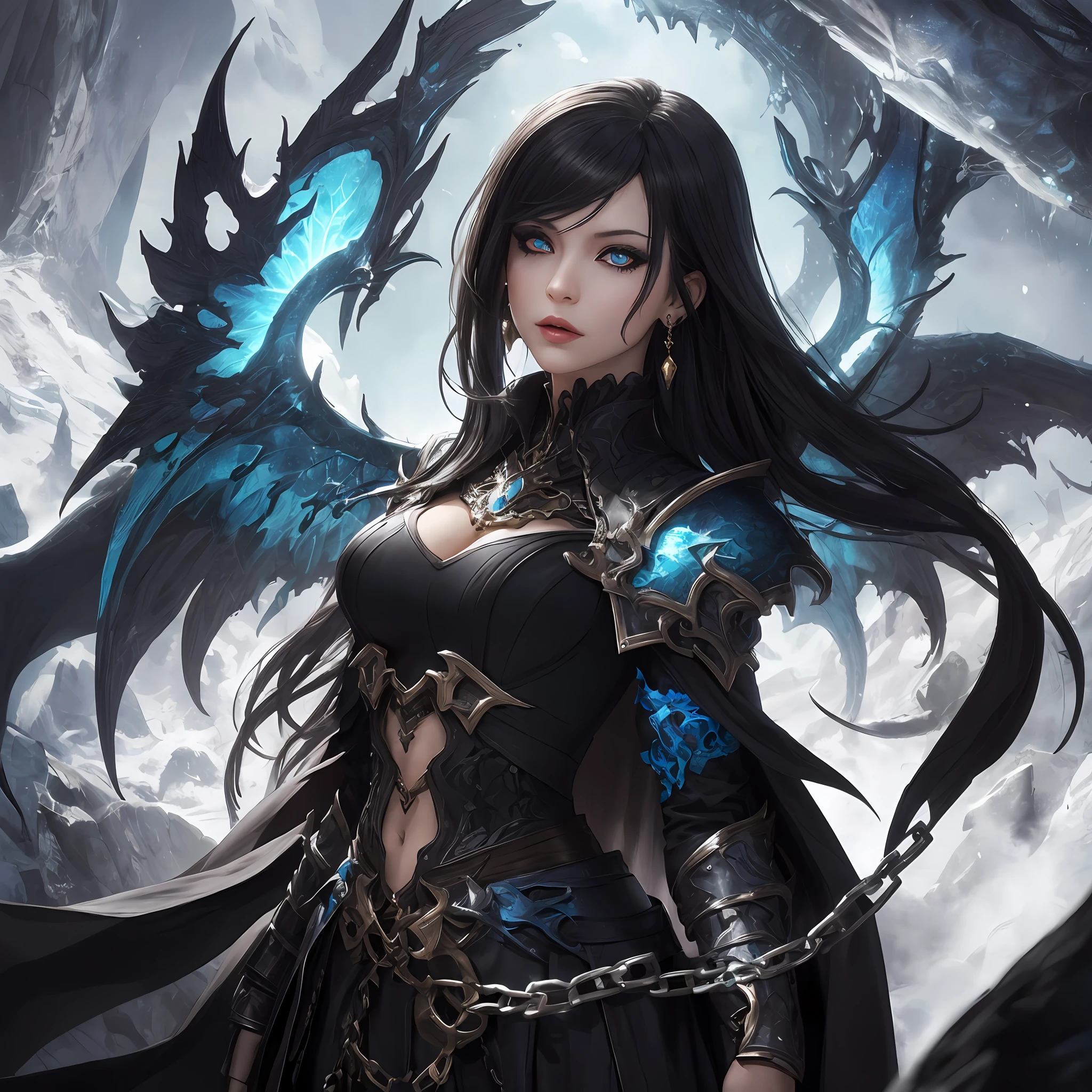 masterpiece, best quality, 1woman adult, older milf, female focus, solo, black hair, vibrant blue eyes, long hair with fringe, looking at viewer, cape, High quality metal texture, semi metal armor, closed mouth, upper body, bangs, high collar,(kbxll:0.6), Fantasy aesthetics, fantasy earring, Highly detailed, shadowverse character concept, shadowverse style, goddess, skin, black sclera, colored sclera, colored skin,demon wings, yellow eyes, , demon horns, slit pupils,chained,full body