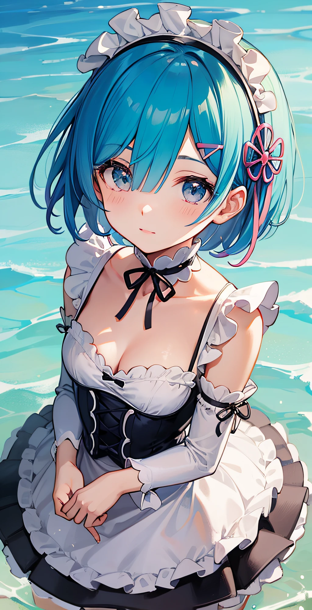 masterpiece, best quality;1.3), ultra detailed, ooking at viewer, rem_re_zero, Facial close-up,blue hair, short hair, maid uniform, hair ornament, cleavage, maid headdress, detached sleeves, masterpiece, top quality, best quality, 1 little girl, swimsuit party, in the water,fish,watermelon,cute style, perfect structure, summer theme,