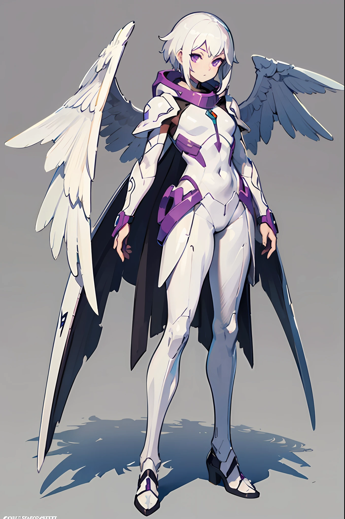 Purple skin, male, white hair, white armor, wings, looking at viewer, solo, simple background, three-dimensional light, detailed full-body concept, sleek digital concept art, beautiful full-body concept art, art trend, CGsociety full-length, white background, digimon