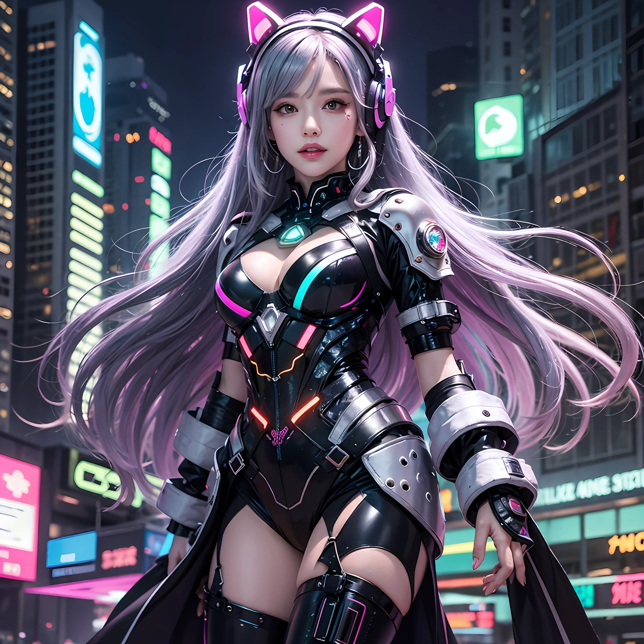 Background moon, big moon in the back, moon, 1 girl, Chinese_clothes, liquid silver metallic and rainbow colors, cyberhan clothes, cheongsam, cyberpunk city, dynamic pose, detail luminous headphones, luminous hair accessories, long hair, glowing earrings, glowing necklace, cyberpunk, high-tech city, full of mechanical and futuristic elements, futurism, technology, glowing neon lights, rainbow colors, rainbow color light, sexy skirt, transparent black cape, laser light, digital background city sky, big moon, There are vehicles, the best quality, masterpiece, 8K, character edge light, super high detail, high quality, the most beautiful woman in human beings, smile, face facing the front left and right symmetry, ear corner decoration, long antenna glow, beautiful pupils, light effects, visual data, silver rainbow hair dyeing hair, ultra-detailed facial texture, happy and proud, weapon system, crowded street passers-by, mecha style, wearing a glowing antenna on the head, deep eyes, far away, details of the entire city, candy color neon color matching, rainbow lights, only one character, There is only one main character, glowing boots,