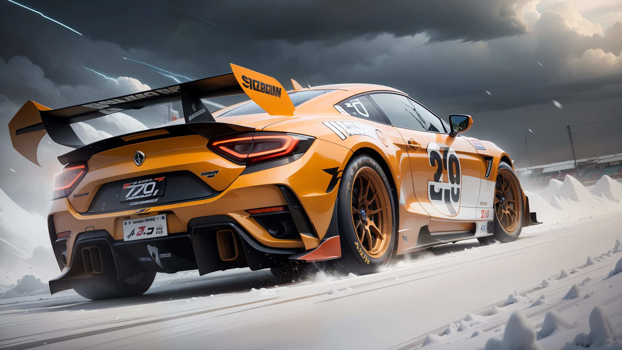 "A high-speed racing car zooming across the blizzard, showcasing the sleekness and power, sporting an electrifying orange hue, reminiscent of classic cars, storm, thunderbolt, grey cloud