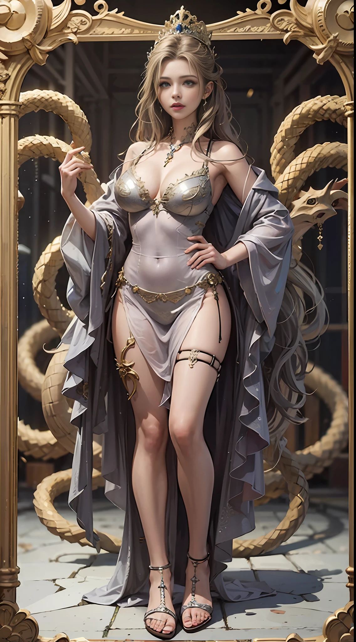 ((best quality)), ((masterpiece)), ((realistic)), Medusa, full body, the hair is composed of countless small snakes, green eyes, female face, metal carved top, royal aura, trend on artstation , sharp focus, studio photo, intricate detail, very detailed, detailed eye, illustration, very detailed, sharp focus, digital render, professional, 4k