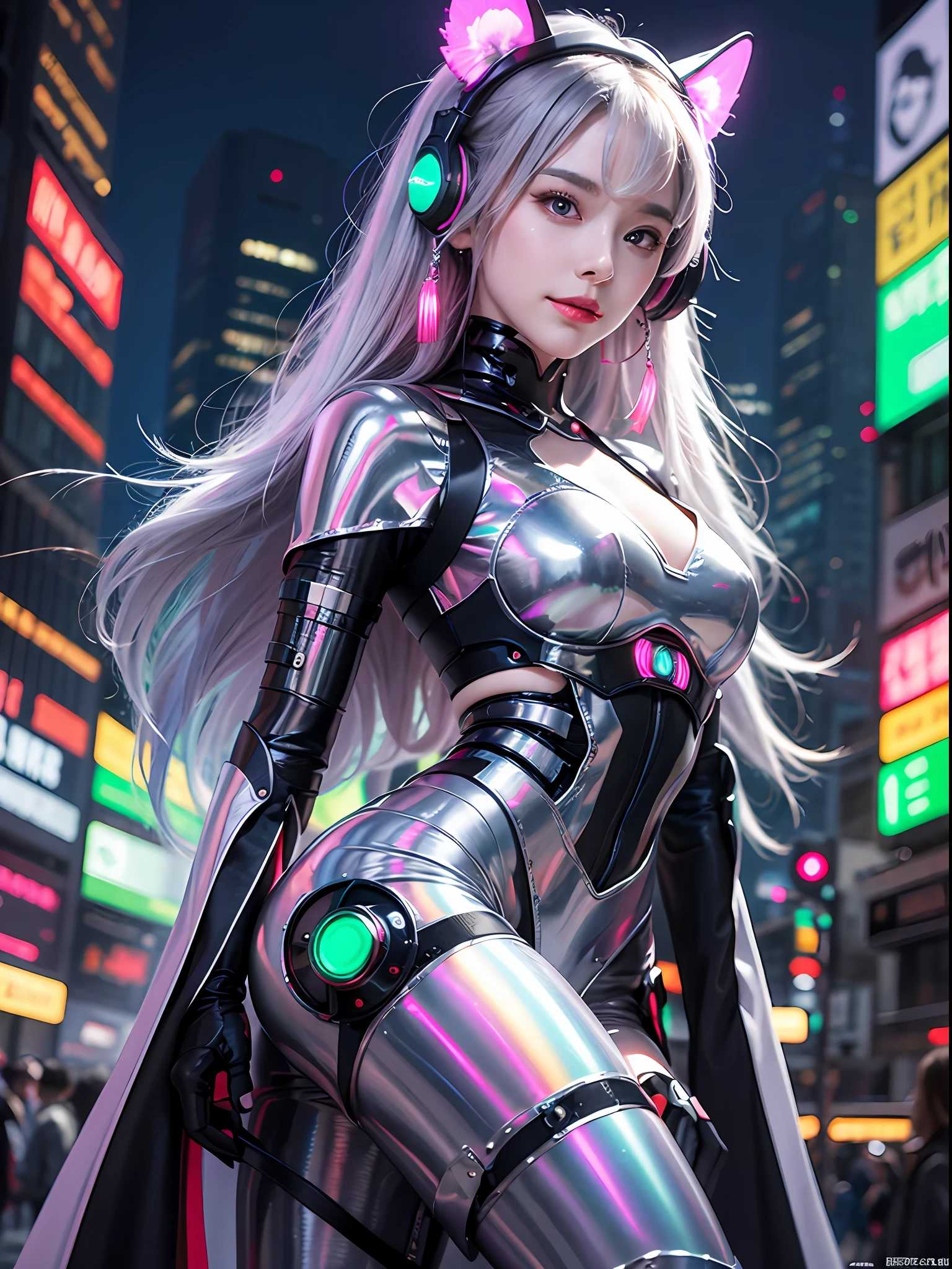 Background moon, big moon in the back, moon, 1 girl, Chinese_clothes, liquid silver metallic and rainbow colors, cyberhan clothes, cheongsam, cyberpunk city, dynamic pose, detail luminous headphones, luminous hair accessories, long hair, glowing earrings, glowing necklace, cyberpunk, high-tech city, full of mechanical and futuristic elements, futurism, technology, glowing neon lights, rainbow colors, rainbow color light, sexy skirt, transparent black cape, laser light, digital background city sky, big moon, There are vehicles, the best quality, masterpiece, 8K, character edge light, super high detail, high quality, the most beautiful woman in human beings, smile, face facing the front left and right symmetry, ear corner decoration, long antenna glow, beautiful pupils, light effects, visual data, silver rainbow hair dyeing hair, ultra-detailed facial texture, happy and proud, weapon system, crowded street passers-by, mecha style, wearing a glowing antenna on the head, deep eyes, far away, details of the entire city, candy color neon color matching, rainbow lights, only one character, There is only one main character, glowing boots,