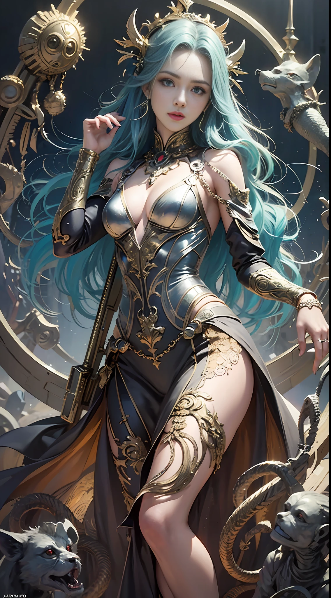 ((best quality)), ((masterpiece)), ((realistic)), Medusa, full body, the hair is composed of countless small snakes, green eyes, female face, metal carved top, royal aura, trend on artstation , sharp focus, studio photo, intricate detail, very detailed, detailed eye, illustration, very detailed, sharp focus, digital render, professional, 4k
