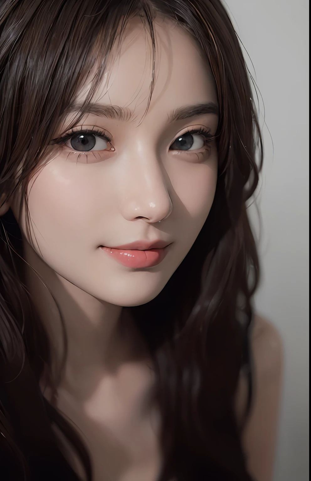 (Ultra Realistic), (Illustration), (High Resolution), (8K), (Very Detailed), (Best Illustration), (Beautiful and Detailed Eyes), (Best Quality), (Ultra Detailed), (Masterpiece), (Wallpaper), (Detailed Face), Solo, One Girl, Viewer, Fine Detail, Detailed Face, In the Dark, Deep Shadows, Low Key, pureerosfaceace_v1, Smile, Long Hair, Black shawl straight hair, 46-point diagonal bangs, full body, legs crossed