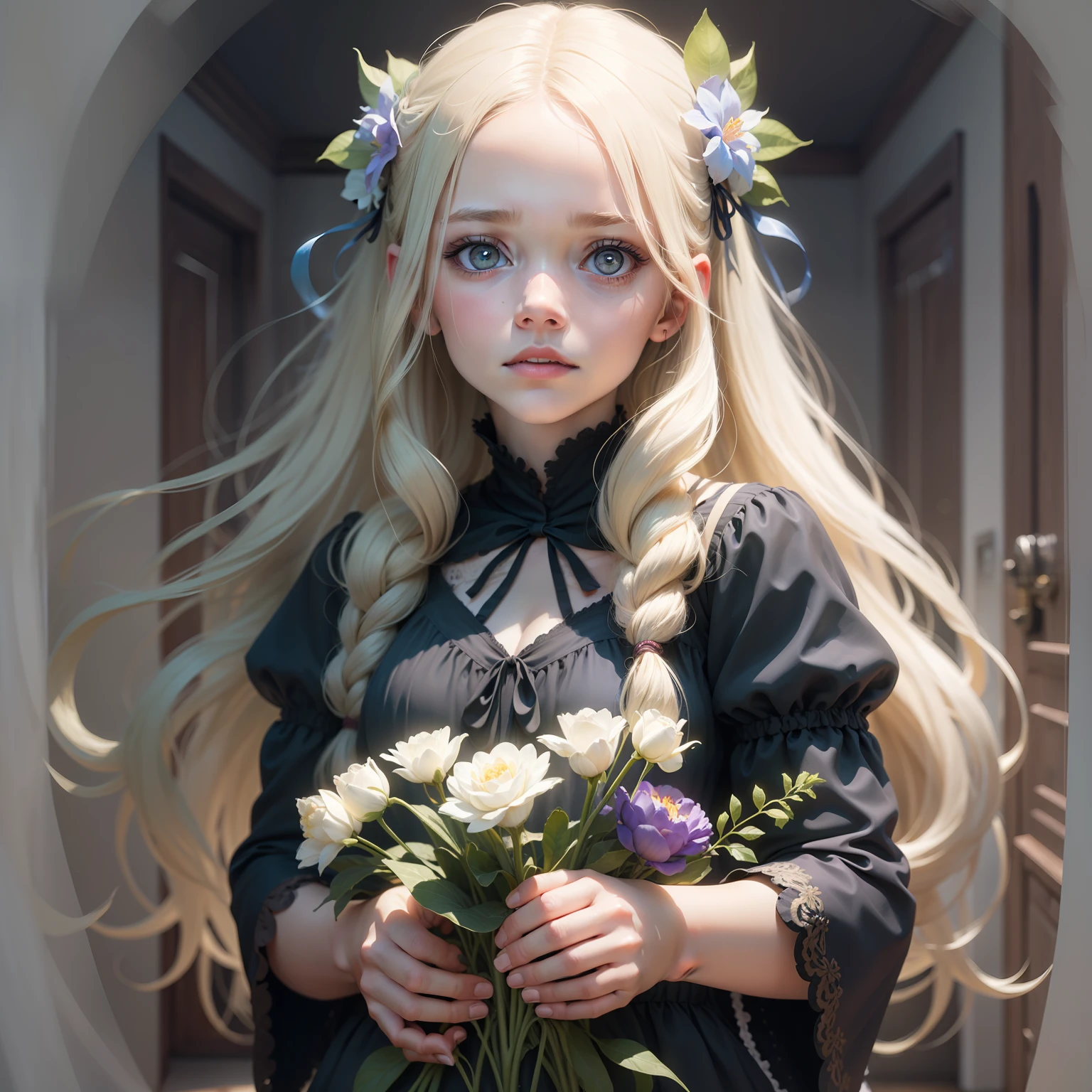 Ultra realistic image of a blonde ghost child with long hair and an arc of flowers holding her hair, totally white eyes, black dress and a cord of a blue stone, floating in a dark hallway of a house at night, sinister expression