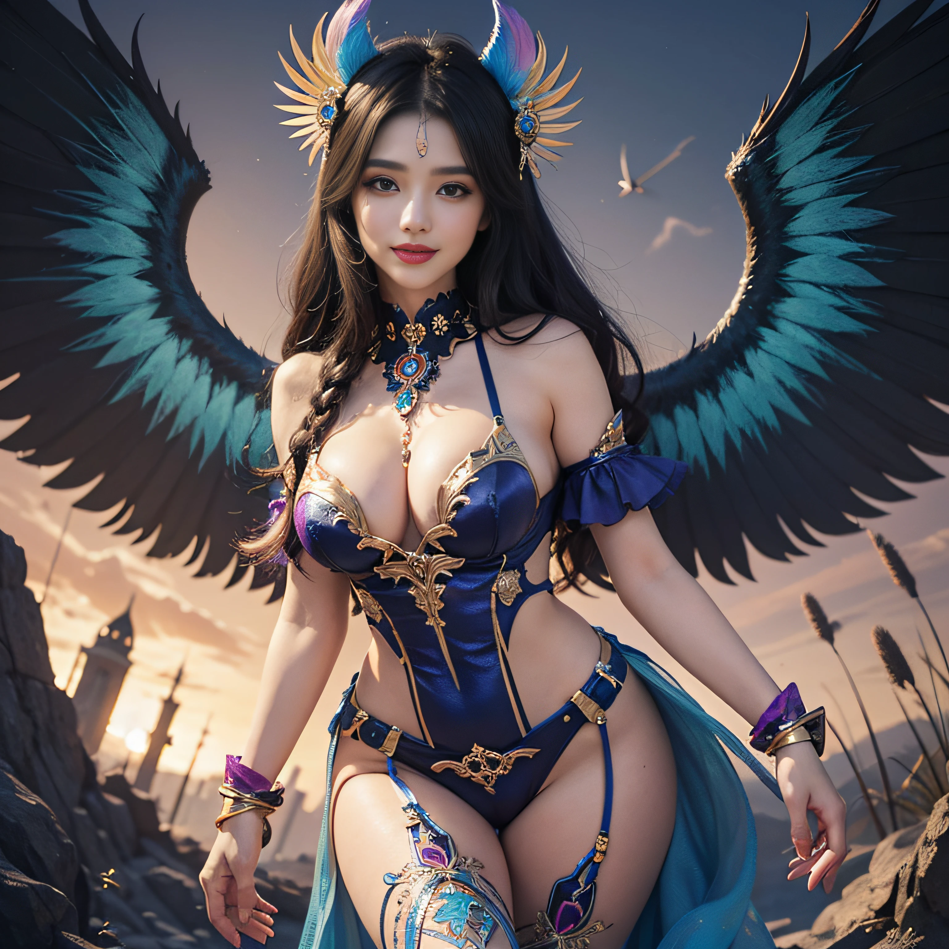 Black hair, colorful and colorful wings, colorful digital fantasy art, colorful digital art, fantasy art style, beautiful digital artwork, 4K very detailed digital art, peeking breasts, big eyes, light smile, 8k, very fine face, delicate lips, lovely eyes, double eyelids, slight smile, long and slender legs, lovely woman, colorful costume colors