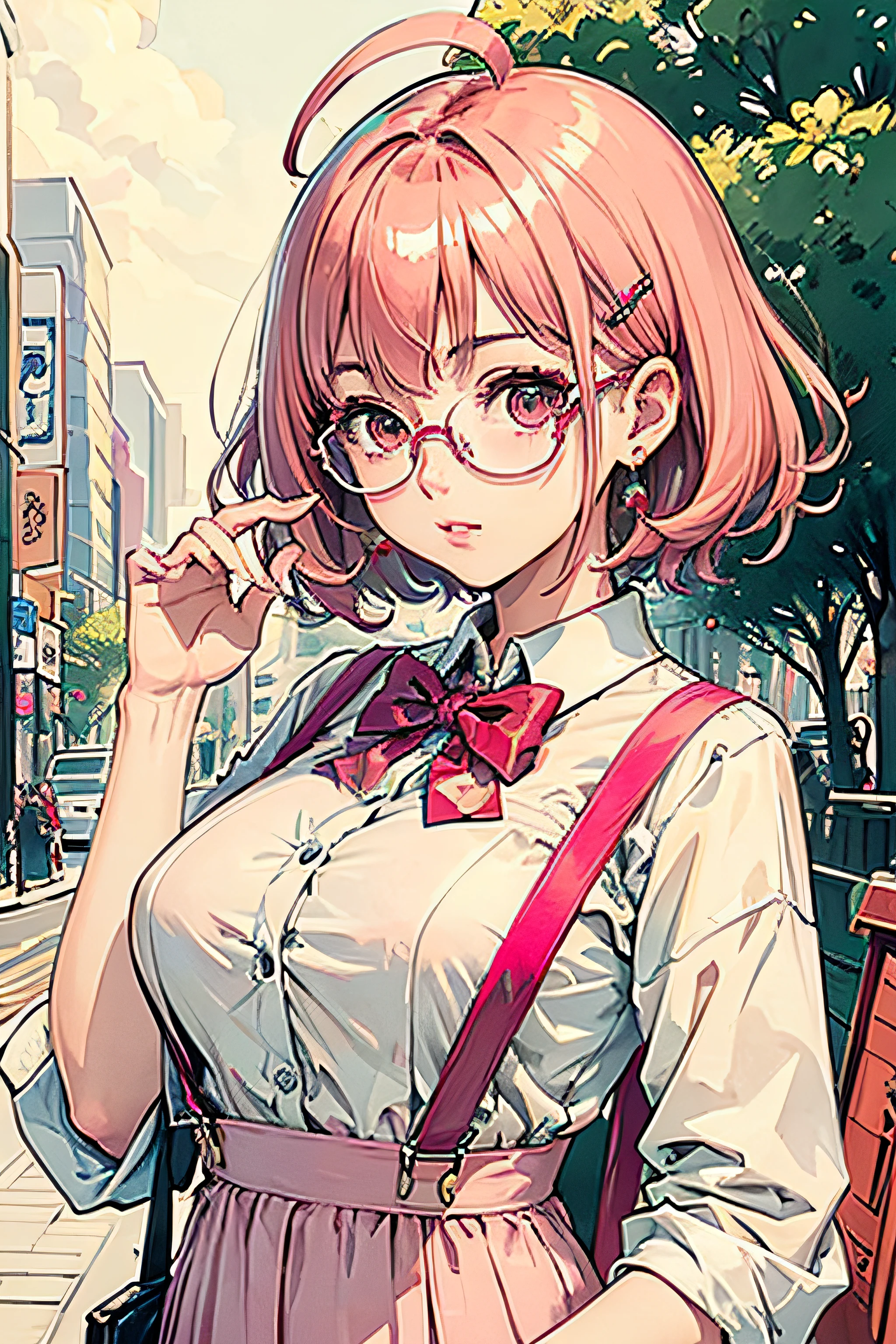 (masterpiece:1.2, best quality), (dinamic lighting) 1lady, solo, short hair, big breasts,  (shiny skin:1.2), upper body, glasses, modern, wavy pink hair,pink Suspenders, flower on ear, harajuku style, hair pin, loli ,ahoge