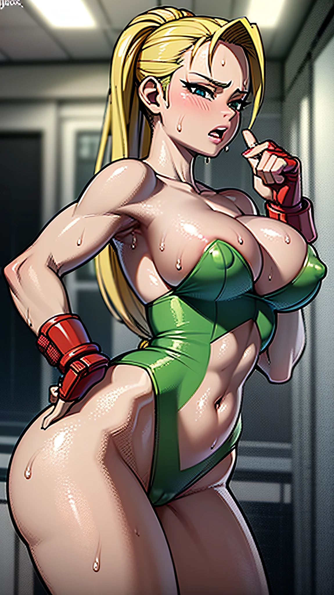 (high quality, best rendering), (beautiful girl, cammy), (bomb, pin-up style), hot, back, perfect ass, floss, perfect body, fitness, blonde, two long braids, elaborate hair, deserted beach, almost naked, psychopath, crazy face, sexy pose, pale green leotard, red beret, combat boots, pastel, center, scales to fit dimensions, camel toes,