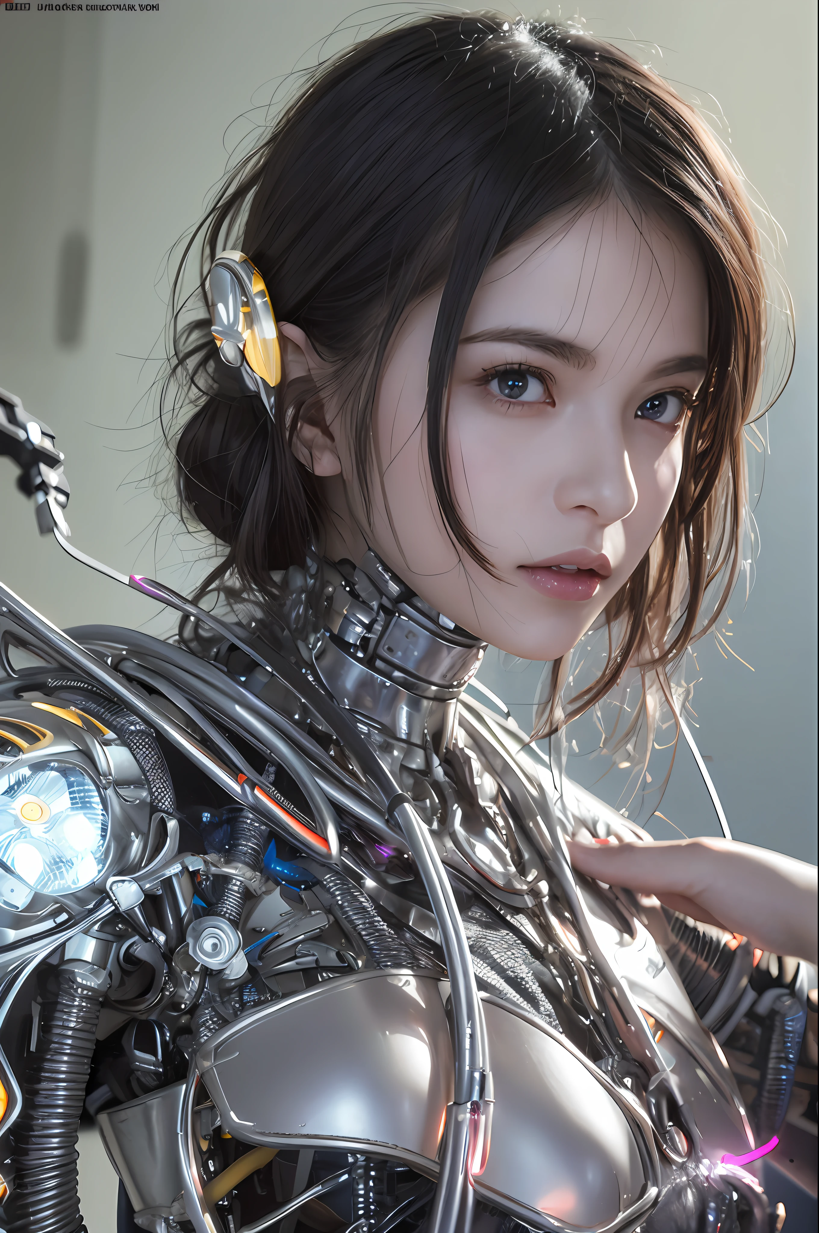 Top Quality, Masterpiece, Ultra High Resolution, (Photorealistic: 1.4), Raw Photo, 1 Girl, Black Hair, Glossy Skin, 1 Mechanical Girl, (Ultra Realistic Details)), Portrait, Global Illumination, Shadows, Octane Rendering, 8K, Ultra Sharp, Big, Cleavage Exposed Raw Skin, Metal, Intricate Ornament Details, Egyptian Details, Very intricate details, realistic light, CGSoation trend, purple eyes, glowing eyes, facing the camera, neon details, mechanical limbs, blood vessels connected to the tube, mechanical vertebrae attached to the back, mechanical cervical attachment to the neck, sitting, wires and cables connecting to the head, gundam, small LED lamps,