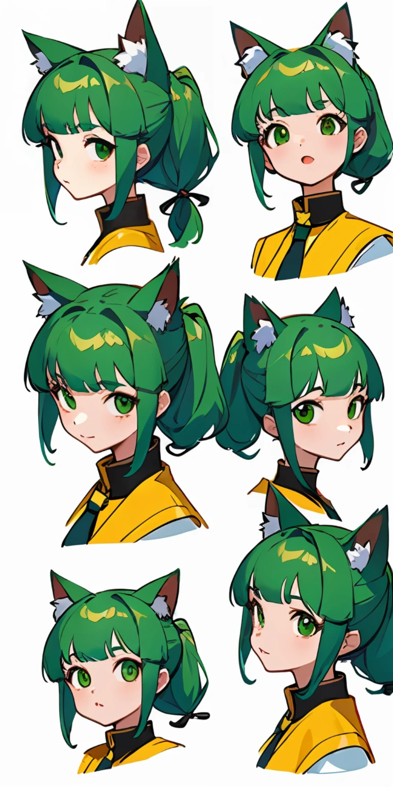 ((Masterpiece)), (highest quality)), (Character design sheet, same character, front, side, back), illustration, chibi, facial expressionbook, 1 girl, hair color, bangs, hairstyle fax, eyes, environmental change scene, hairstyle fax, hairstyle fax, pose tie, woman, portrait from shoulder up, cat ears, green hair, green eyes, ponytel, tied hair , (simple background, white background: 1.3)