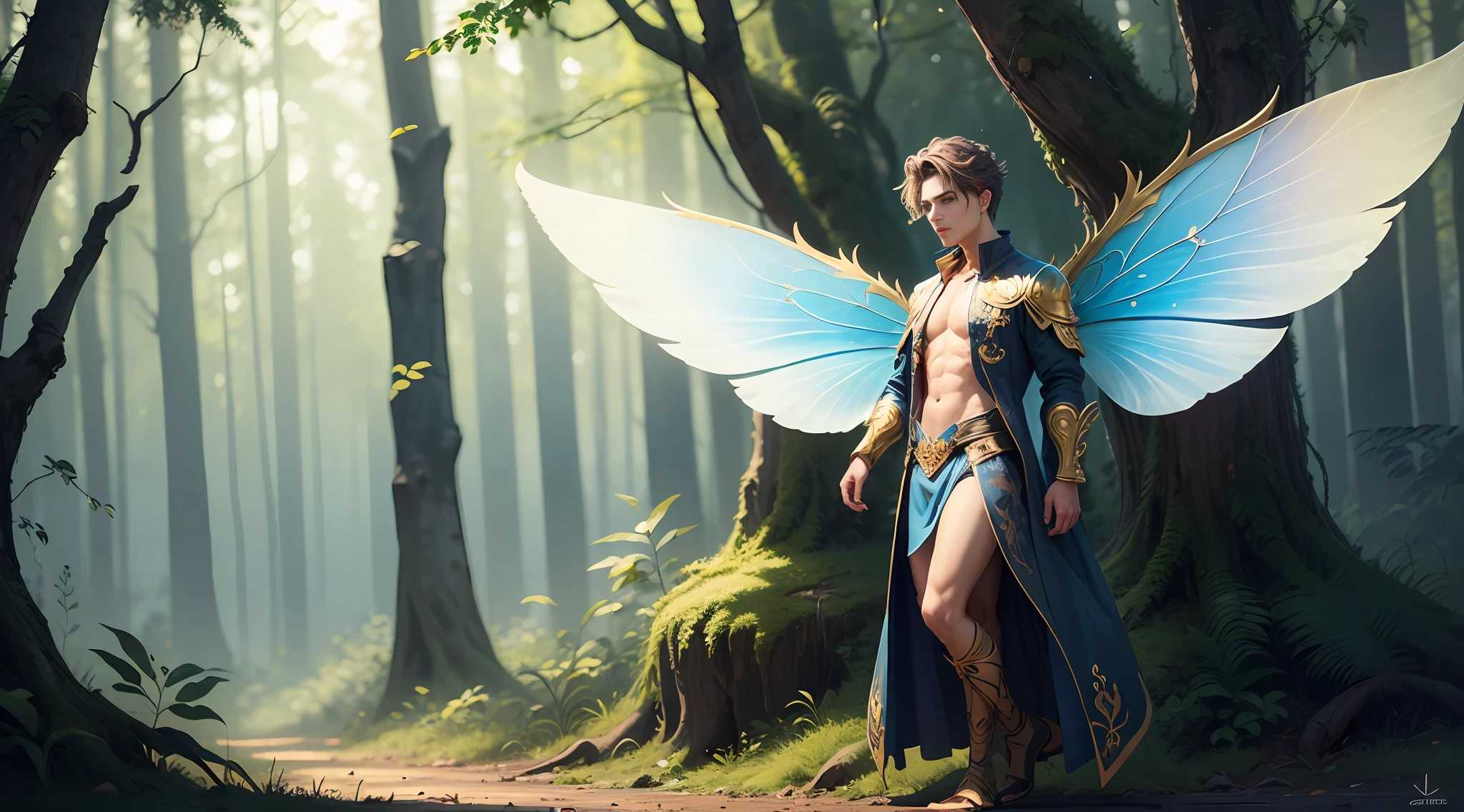 Cute male fairy with blue and gold details, large wings, full body, forest in the background, soft, delicate, symmetrical colors, male face, masterpiece, full body --auto