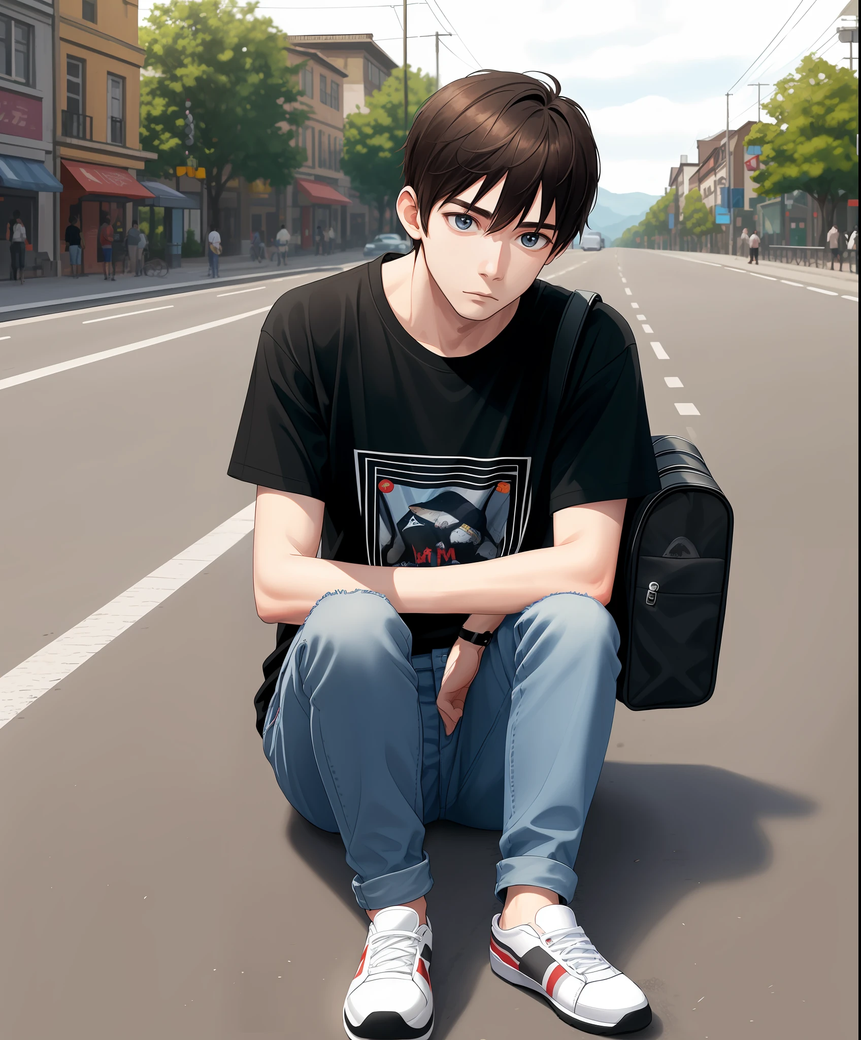 1boy,Black t-shirt, jeans, sitting, alone, in front of the road, lots of people, looking sideways with bags,( Best quality, masterpiece, ultra detailed, full HD,