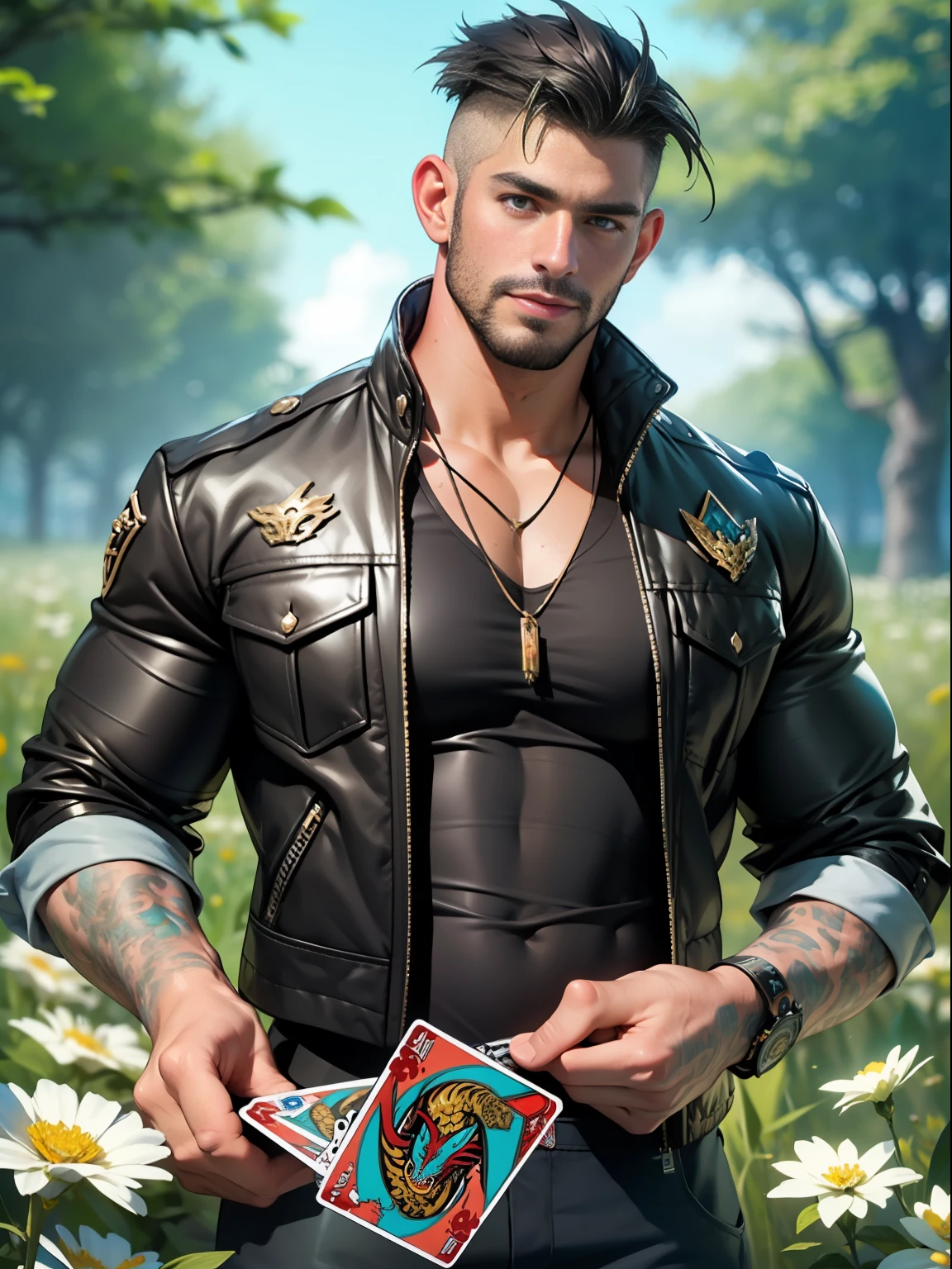 (best quality, masterpiece), (super detailed colours), super high resolution, realistic illustrations, full-body handsome mature male cop, muscular, undercut short haired man, undertrimmed facial hair, wearing a jacket, modeling in a flower field to show summons a dragon and comes to the real world, surreal and utterly charismatic. graphic design, giving a depth of field effect, he is D&D Magic the Gathering players. He's playing a magic card