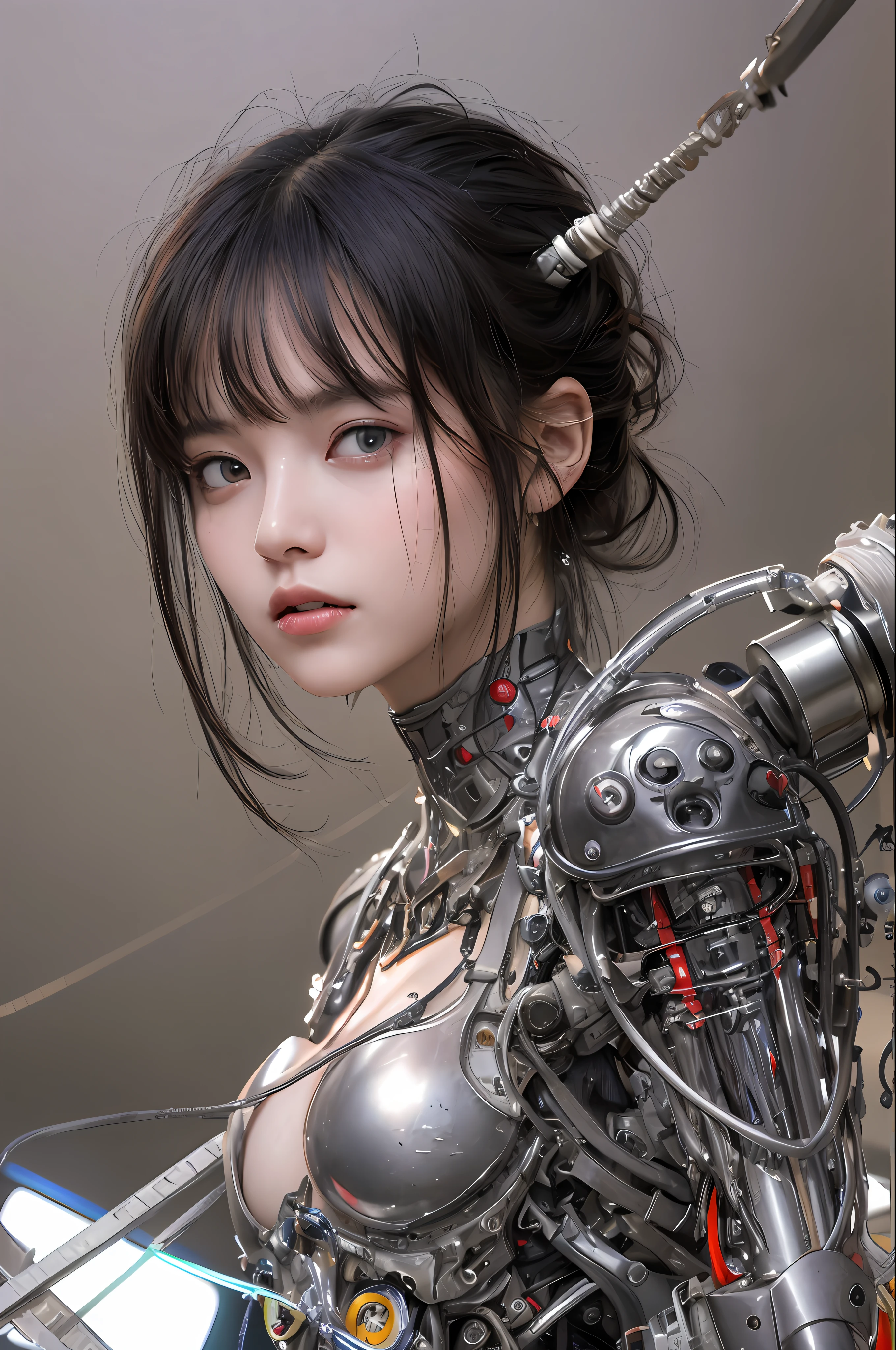 Top Quality, Masterpiece, Ultra High Resolution, (Photorealistic: 1.4), Raw Photo, 1 Girl, Black Hair, Glossy Skin, 1 Mechanical Girl, (Ultra Realistic Detail)), Portrait, Global Illumination, Shadows, Octane Rendering, 8K, Ultra Sharp, Big, Cleavage Exposed Raw Skin, Metal, Intricate Ornament Details, Japan Details, Very intricate details, realistic light, CGSoation trend, purple eyes, glowing eyes, facing the camera, neon details, mechanical limbs, blood vessels connected to the tube, mechanical vertebrae attached to the back, mechanical cervical attachment to the neck, sitting, wires and cables connecting to the head, evangelion, small LED lamp,