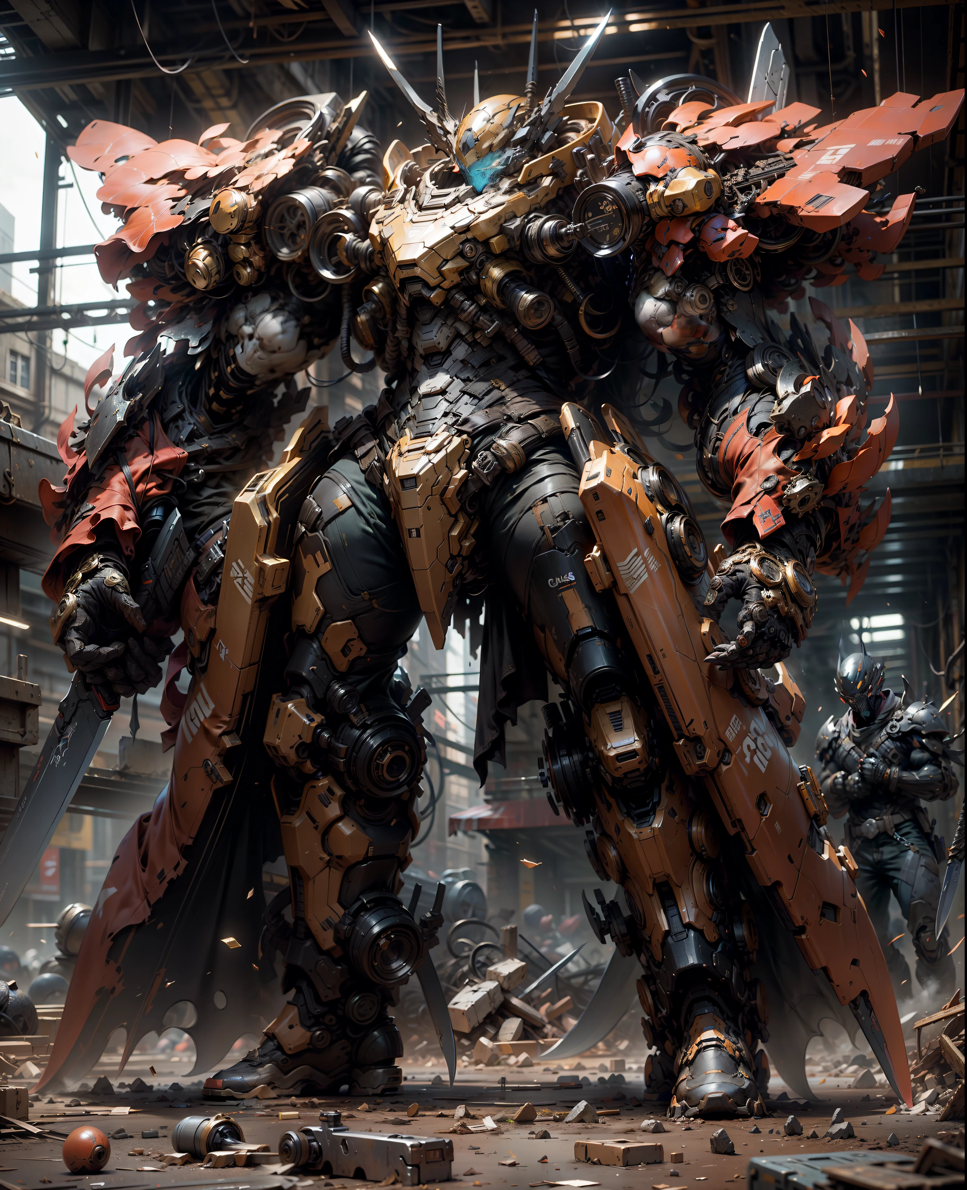 High resolution, chaos details, psychedelic details, golden black, intricate details, 16k, full hdr, melee weapons on hands, dead city background, shape focus, sharp focus, smooth line, unreal engine 5, high technology core