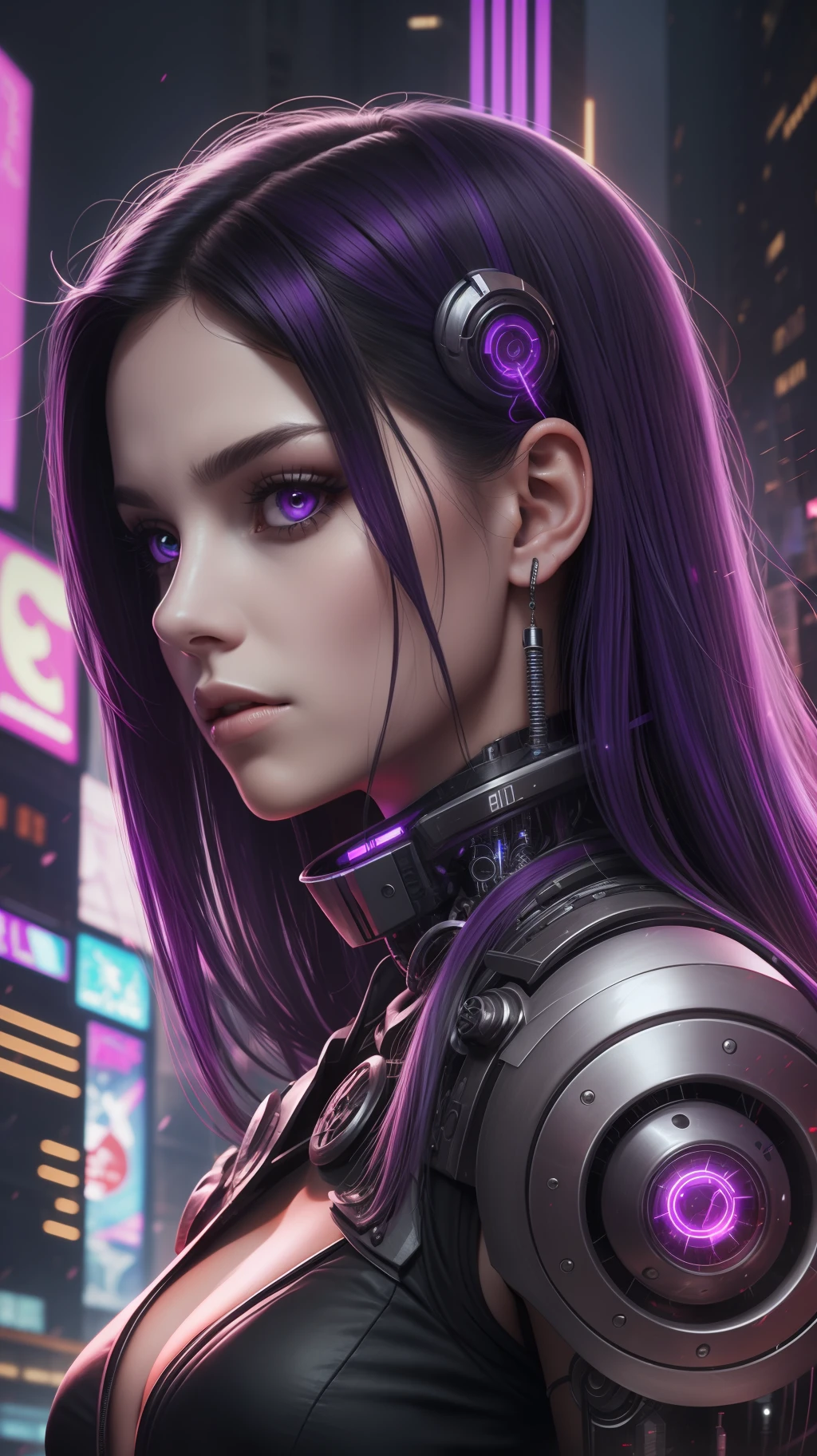 woman, long black hair with purple highlights, wearing a cybernetic scythe, close up, (purple eyes), cyberpunk city background, 8K, Ultra HD quality,