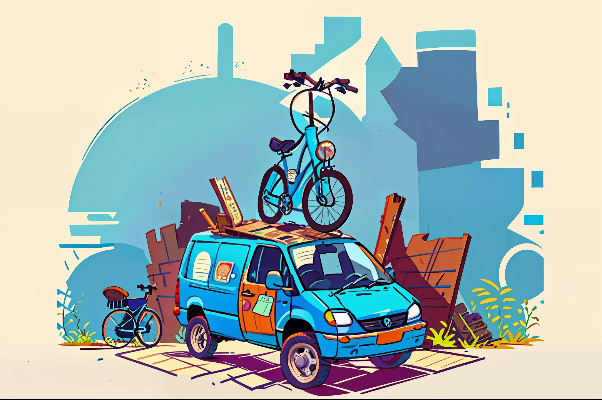 Drawing of a battered van with a worn-out blue bicycle on it and a man with looking glasses standing on the bicycle, line art illustration, , illustration line art style, top-down drawing, made with illustrators, vector line - art style,