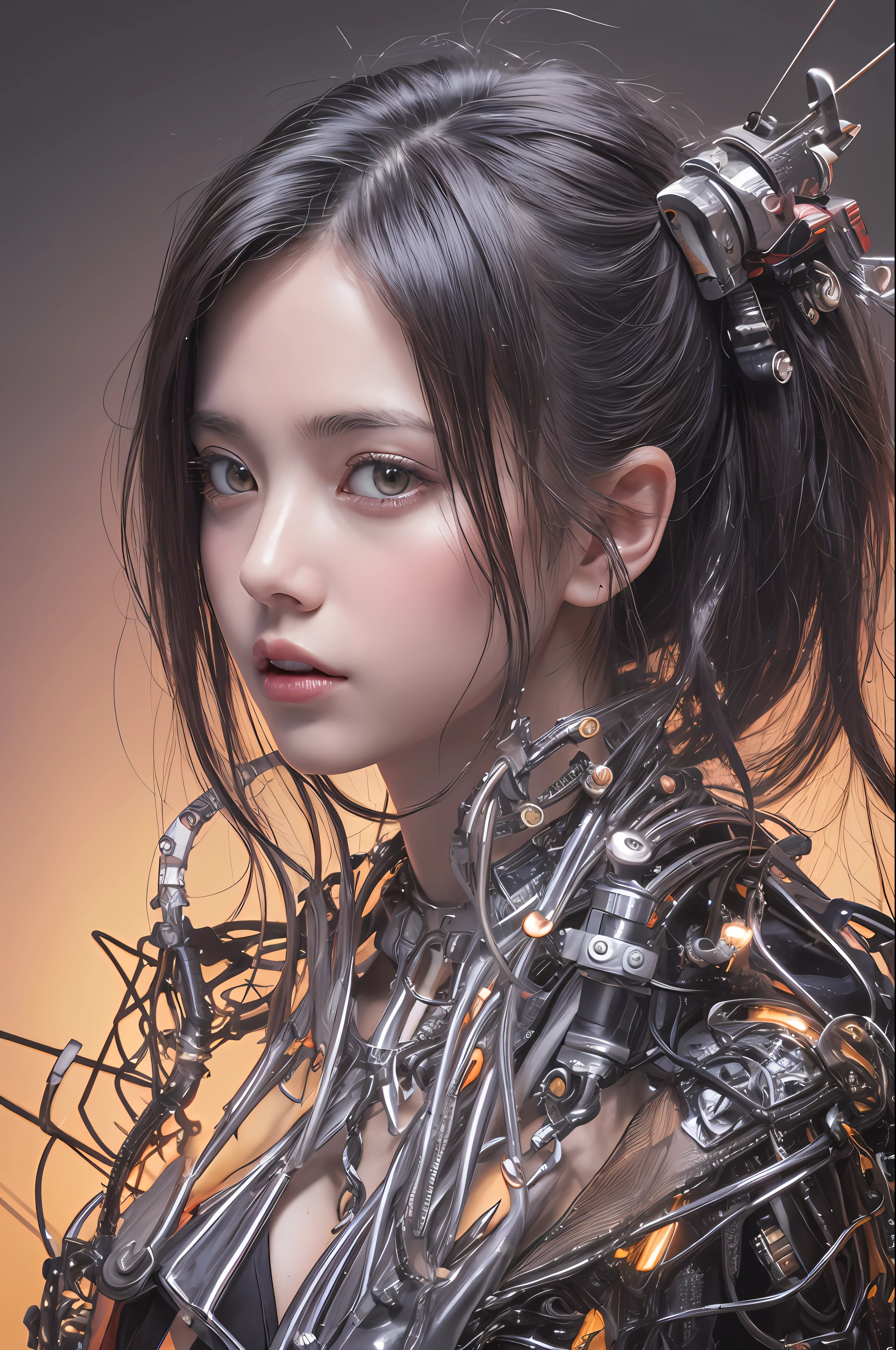 Top Quality, Masterpiece, Ultra High Resolution, (Photorealistic: 1.4), Raw Photo, 1 Girl, Black Hair, Glossy Skin, 1 Mechanical Girl, (Ultra Realistic Detail)), Portrait, Global Illumination, Shadows, Octane Rendering, 8K, Ultra Sharp, Big, Cleavage Exposed Raw Skin, Metal, Intricate Ornament Details, Japan Details, Very intricate details, realistic light, CGSoation trend, purple eyes, glowing eyes, facing the camera, neon details, mechanical limbs, blood vessels connected to the tube, mechanical vertebrae attached to the back, mechanical cervical attachment to the neck, sitting, wires and cables connecting to the head, evangelion, small LED lamp,