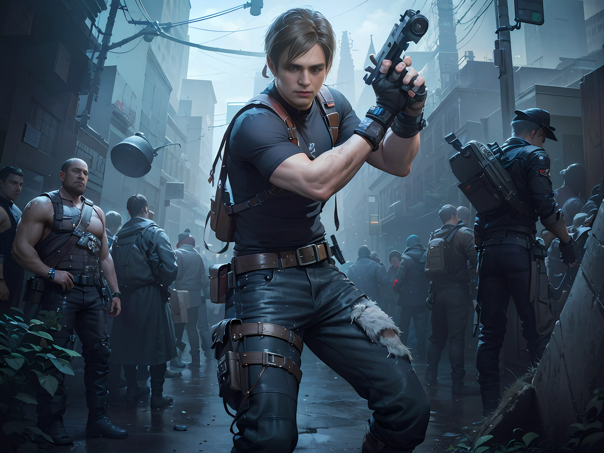 there is a man holding a gun in a crowded street, background of resident evil game, concept art like ernest khalimov, resident evil virus concept art, wojtek fus, brad pitt is leon s. kennedy, stylized urban fantasy artwork, resident evil inspired, photorealistic dark concept art, character art the contra, chris redfield, resident evil --auto