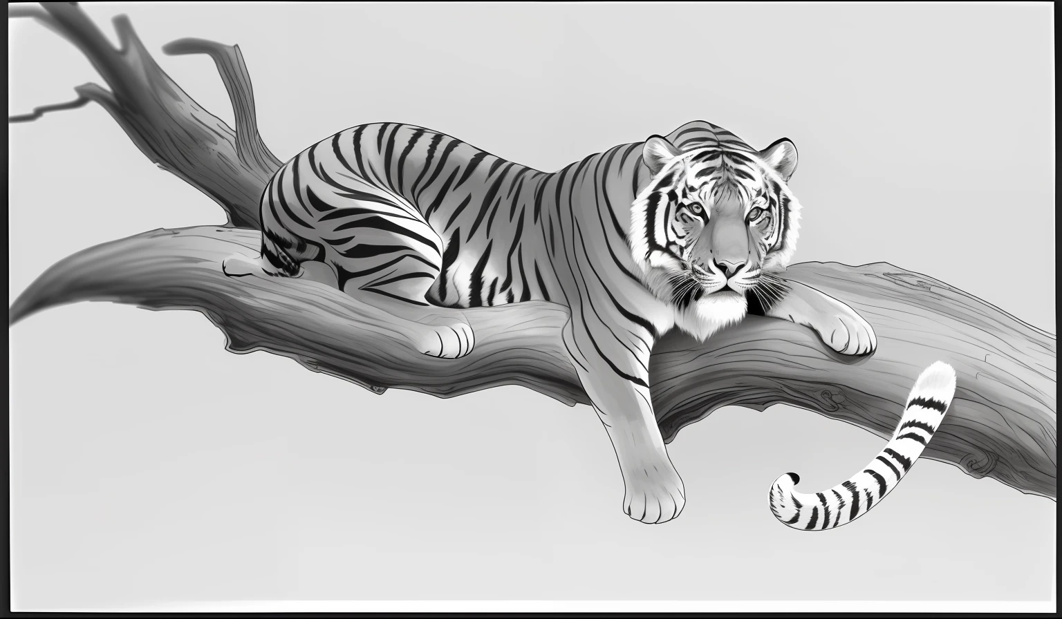 Drawing of tiger lying on branch, Wild animal drawing, Highly detailed lines, Highly detailed sketches, Ultra-detailed line art, Based on cougars, Complex line drawings, Drawing with Photoshop, Line art illustrations, Pen and ink illustrations, Pen and ink illustrations, Pen and ink monochrome, Very detailed fur, Very detailed lines, no color