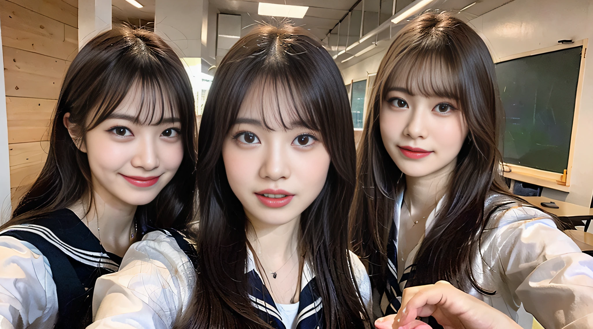 (8k, RAW photo, highest quality, masterpiece: 1.2), ultra detail, super resolution, (realistic, real photo: 1.37), (photorealistic: 1.2), portrait, amazingly beautiful lighting, high resolution RAW color photo, professional photo, very detailed and beautiful, mouth open (looking at this with tongue out), cute pose (side pose), white skin, Fair-skinned female proofreading, super high image quality, 8k wallpaper, amazing details, Nogizaka 46 ((looks exactly like Mario Gohyajo)), very detailed beautiful girls, faces with different patterns, talking in a school classroom, brown hair shining in the light, one is a ponytail, , a cute schoolgirl of today, very detailed face very detailed eyes, very realistic skin, very detailed fingers, very detailed nose, very detailed mouth, perfect anatomy, highly detailed sailor suit, very detailed background, after school, smiling school girls gather in the hallway of the school. They are in uniform, and the blackboard is faintly visible in the background. The light coming in through the bright windows illuminates the classroom, with long straight hair, (dull bangs: 1.3), Youth of a schoolgirl Celebrity-level cuteness , (pink eye shadow) ((Drawing a picture of a heart under the eyes)) heart, ♡